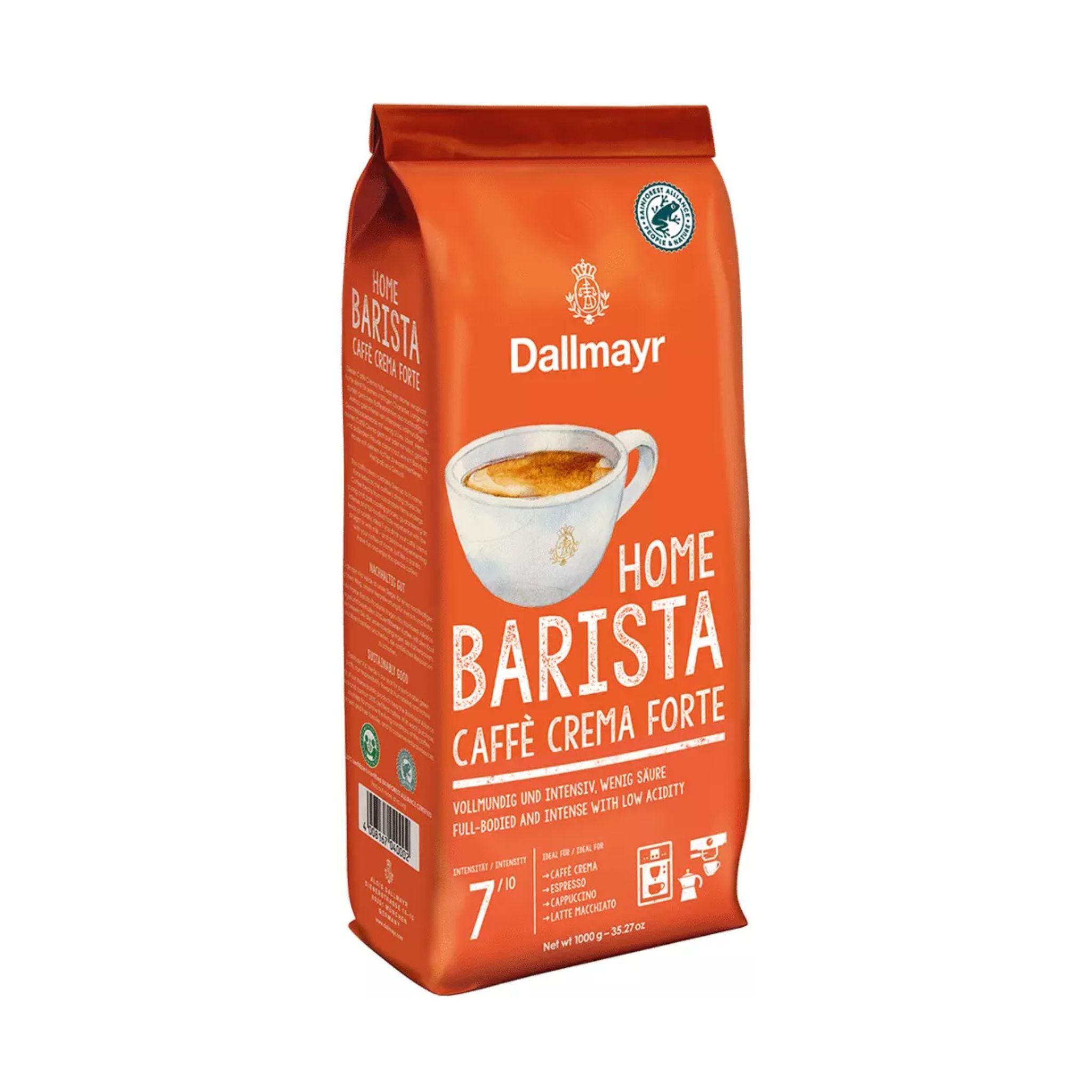 GardenState, Dallmayr Home Barista Caffe Crema Forte whole coffee beans, 1KG dark roast, 7/10 intensity, low acidity, full-bodied flavor. Roasted in Germany. Ideal for B2B coffee professionals.