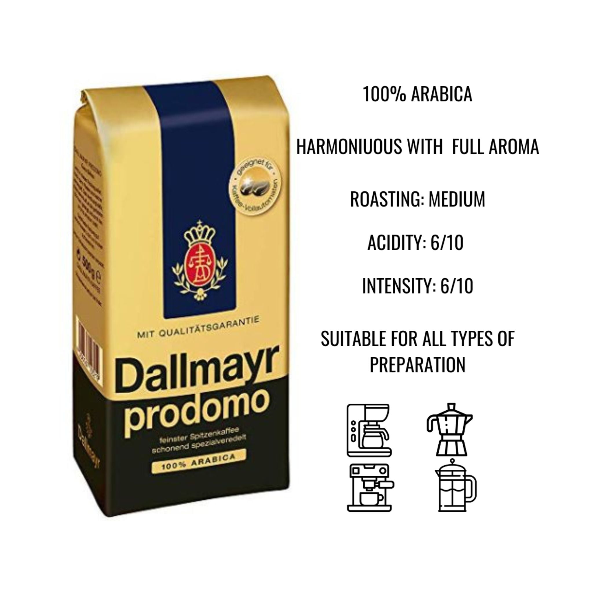 GardenState, Bag of authentic Dallmayr Prodomo 500g whole coffee beans, 100% Arabica, medium roast, intensity 6/10, premium German coffee. Fast delivery.