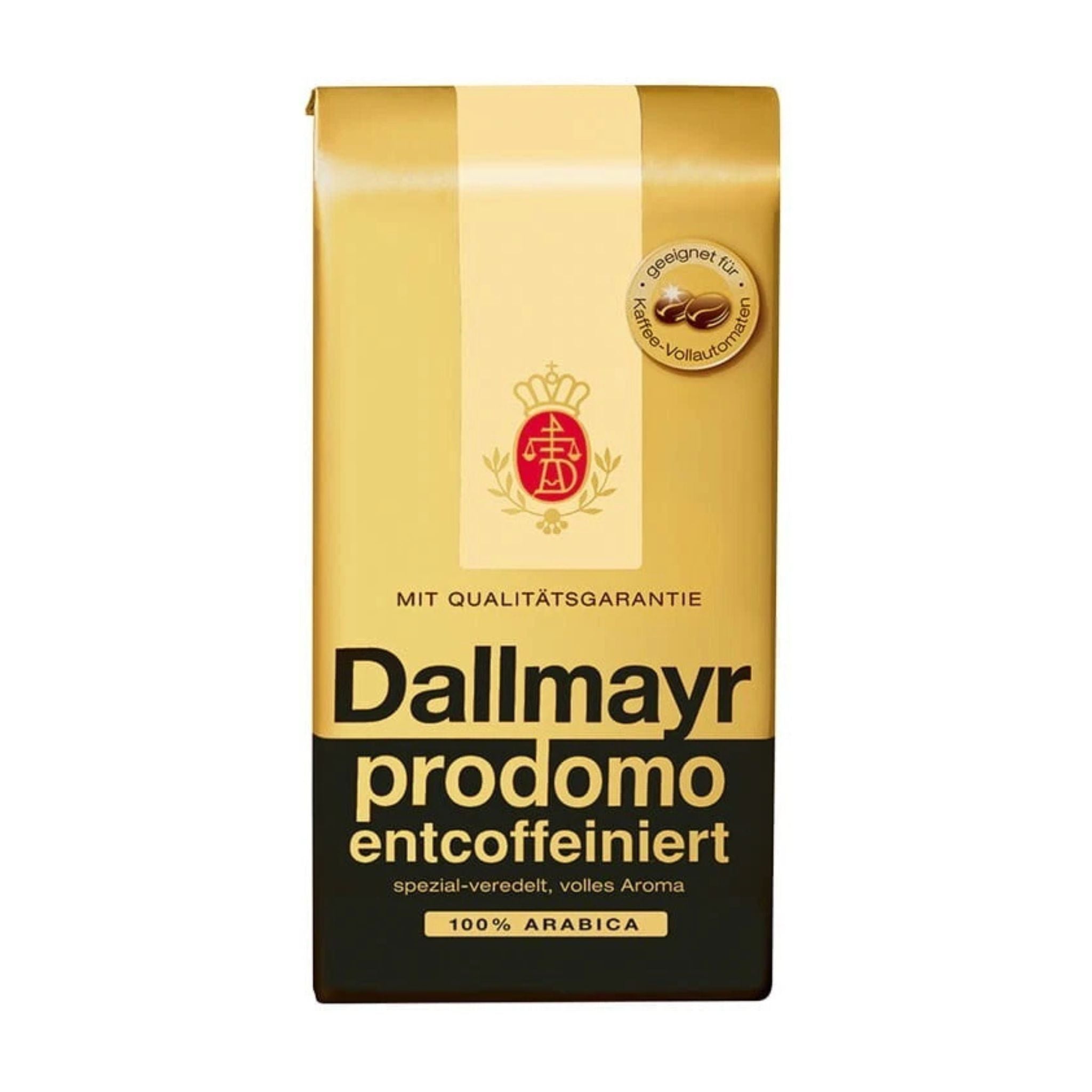 GardenState, Dallmayr Prodomo Decaffeinated Coffee Beans 500g, 100% Arabica, medium roast, intensity 6/10. Smooth and full-flavored. Roasted in Germany. Perfect decaf for businesses and hospitality.


