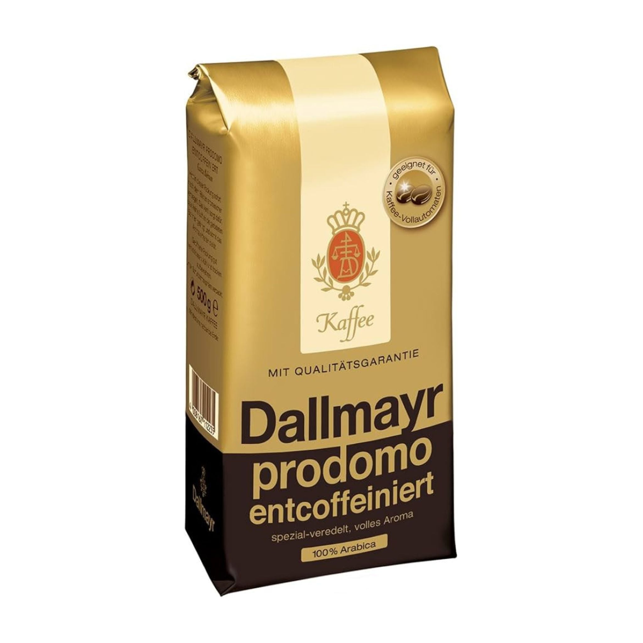 GardenState, Dallmayr Prodomo Decaffeinated Coffee Beans 500g, 100% Arabica, medium roast, intensity 6/10. Smooth and full-flavored. Roasted in Germany. Perfect decaf for businesses and hospitality.