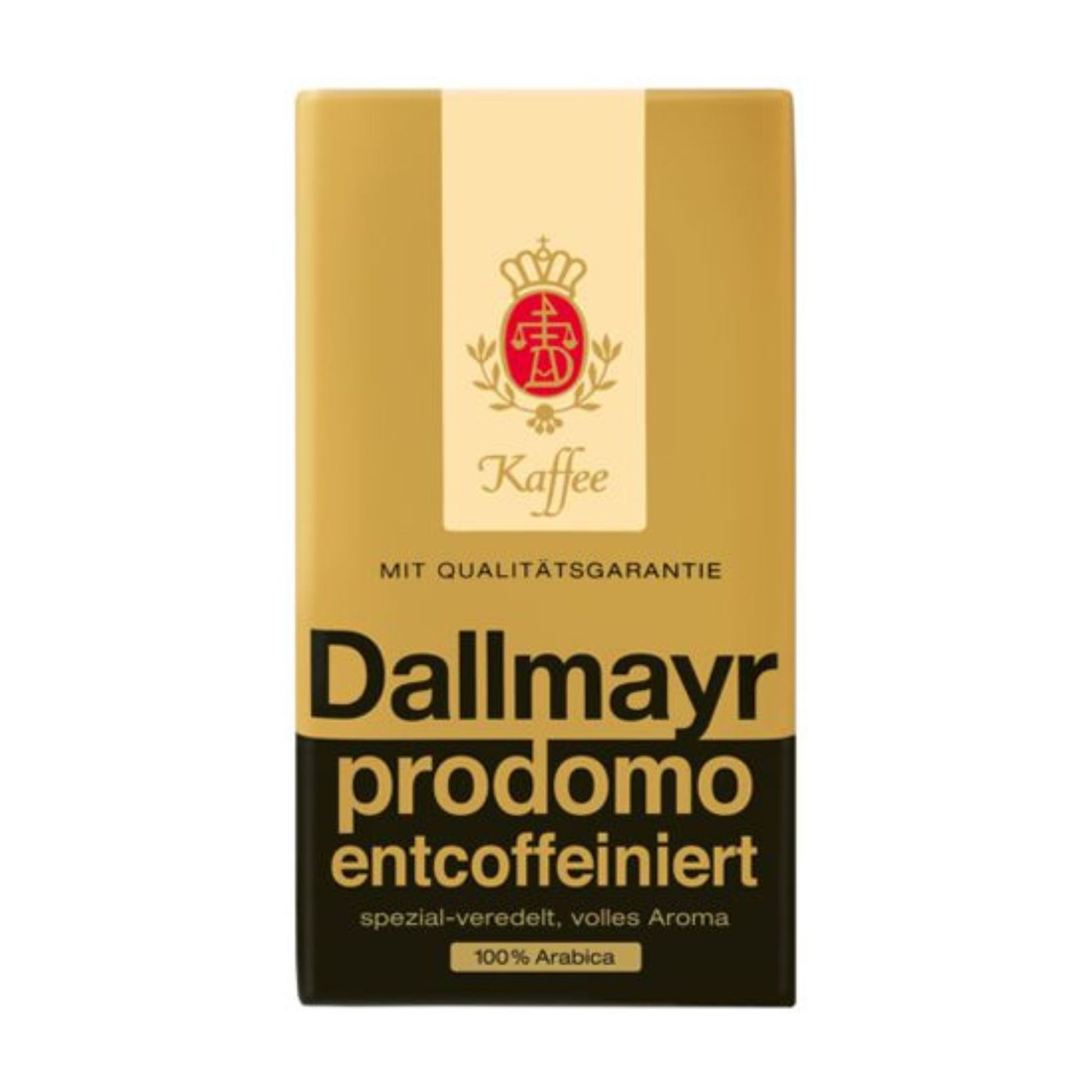 GardenState, Dallmayr Prodomo Decaffeinated Ground Coffee 500g, 100% Arabica, medium roast, intensity 6/10. Smooth and caffeine-free. Roasted in Germany. Ideal decaf for businesses, offices and hospitality.