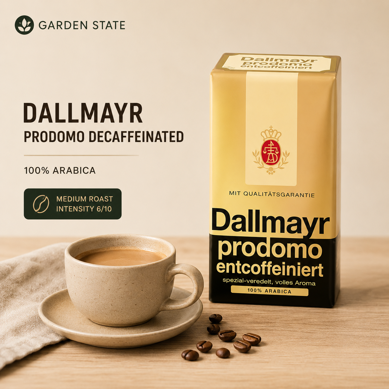 Dallmayr Prodomo Decaffeinated Ground Coffee 500g, 100% Arabica, medium roast, intensity 6/10. Smooth and caffeine-free. Roasted in Germany. Ideal decaf for businesses, offices and hospitality.