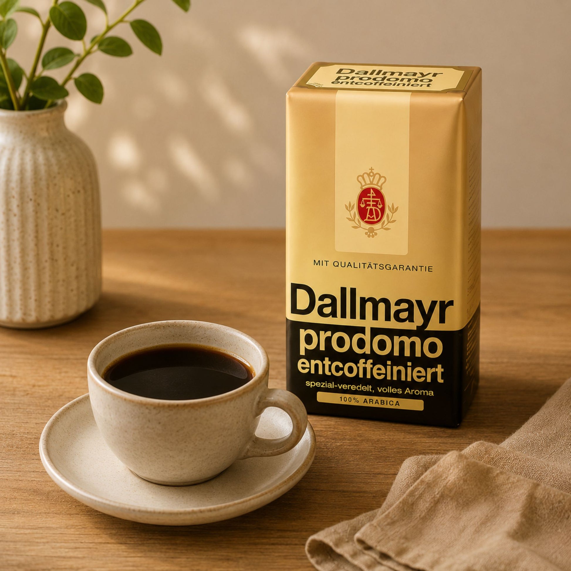 GardenState, Dallmayr Prodomo Decaffeinated Ground Coffee 500g, 100% Arabica, medium roast, intensity 6/10. Smooth and caffeine-free. Roasted in Germany. Ideal decaf for businesses, offices and hospitality.