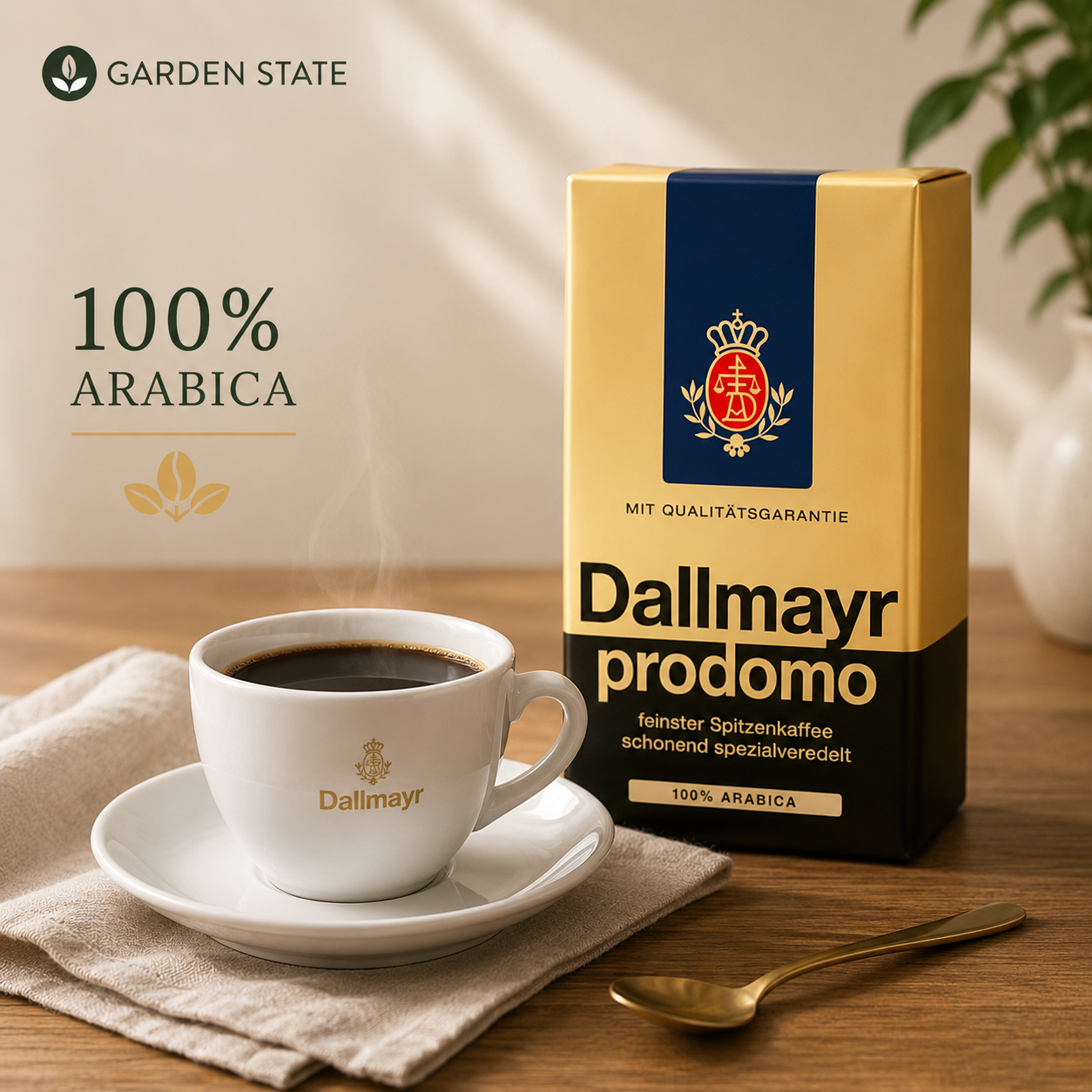 GardenState, Dallmayr Prodomo Roast & Ground Coffee 500g, 100% Arabica, medium roast, intensity 6/10. Smooth and full-flavored, roasted in Germany. Ideal for cafés, offices, and premium retail.