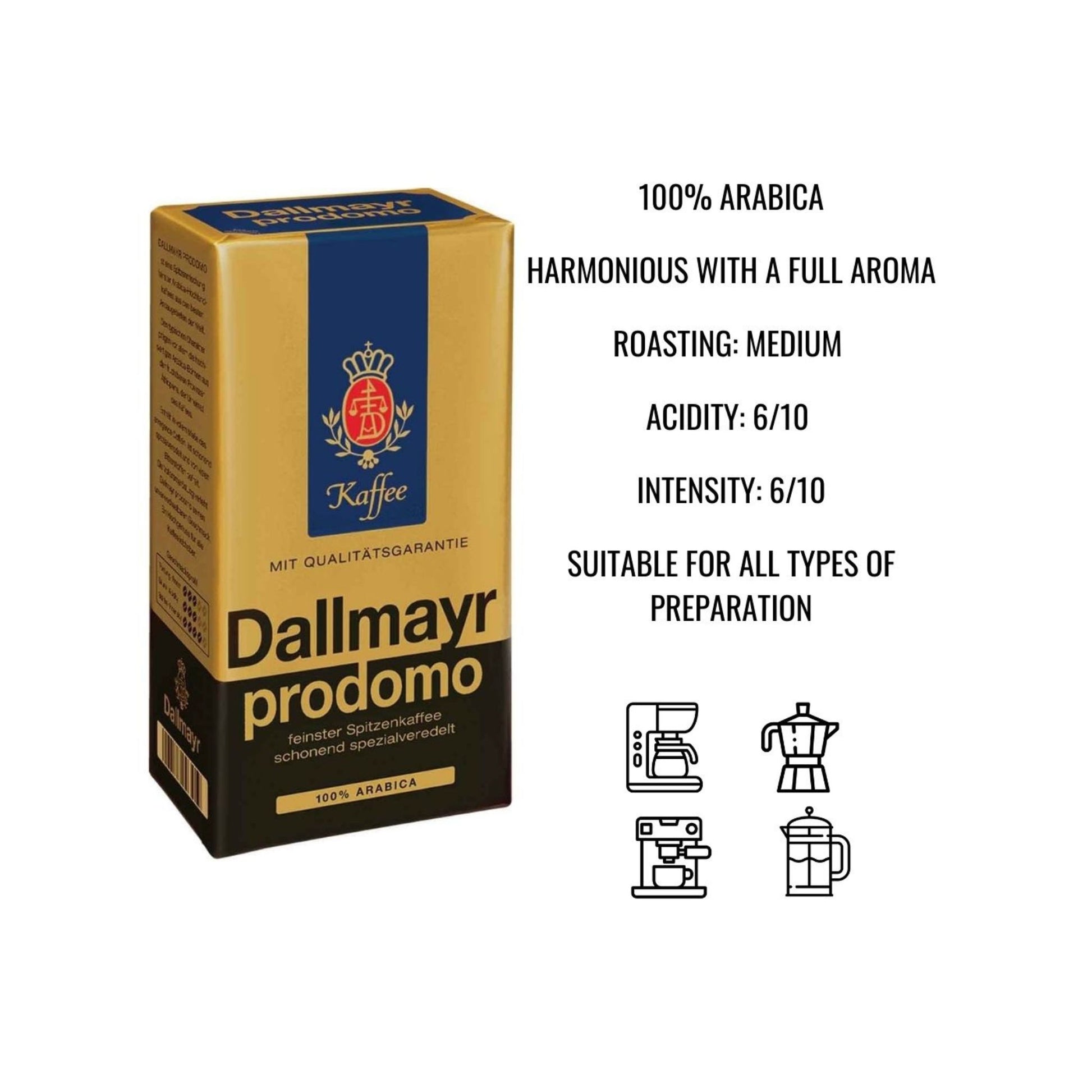 GardenState, Dallmayr Prodomo Roast & Ground Coffee 500g, 100% Arabica, medium roast, intensity 6/10. Smooth and full-flavored, roasted in Germany. Ideal for cafés, offices, and premium retail.