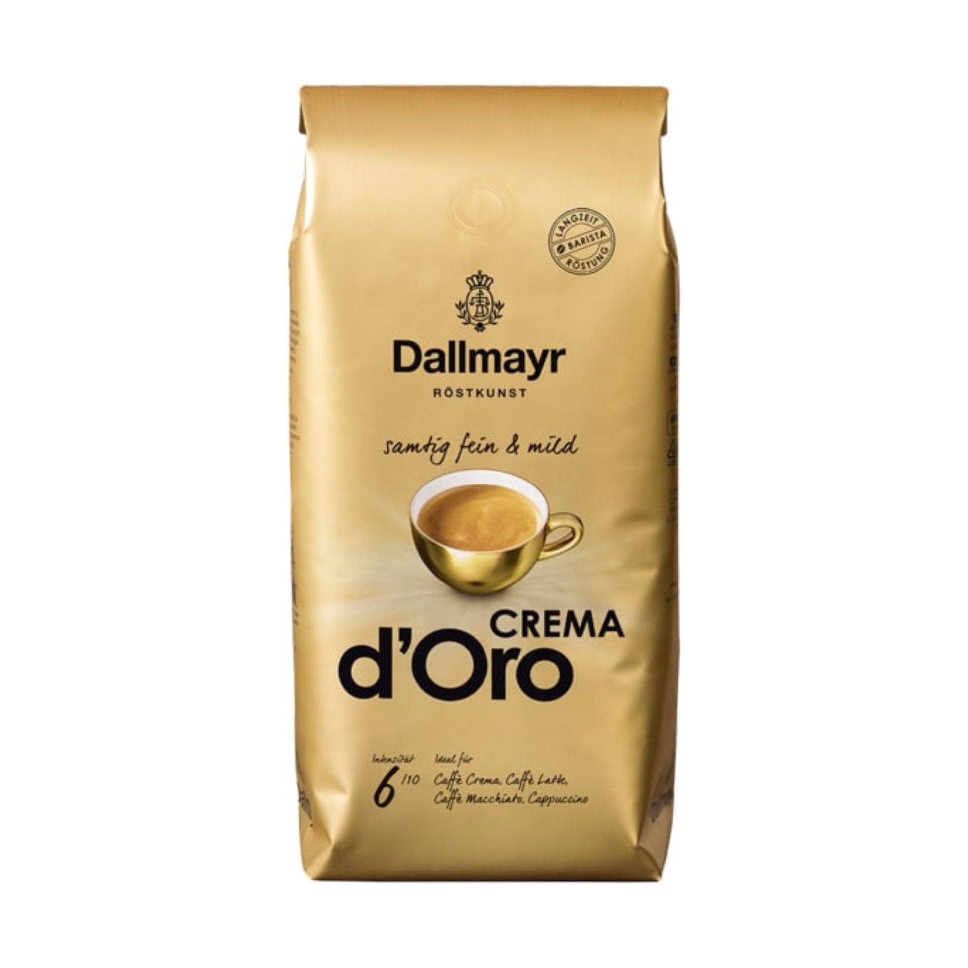 GardenState, Dallmayr Crema d’Oro 1KG whole beans, medium roast, intensity 6/10, 100% Arabica. Smooth, mild, and velvety. Roasted in Germany. Ideal for cappuccino, latte, and professional coffee service.