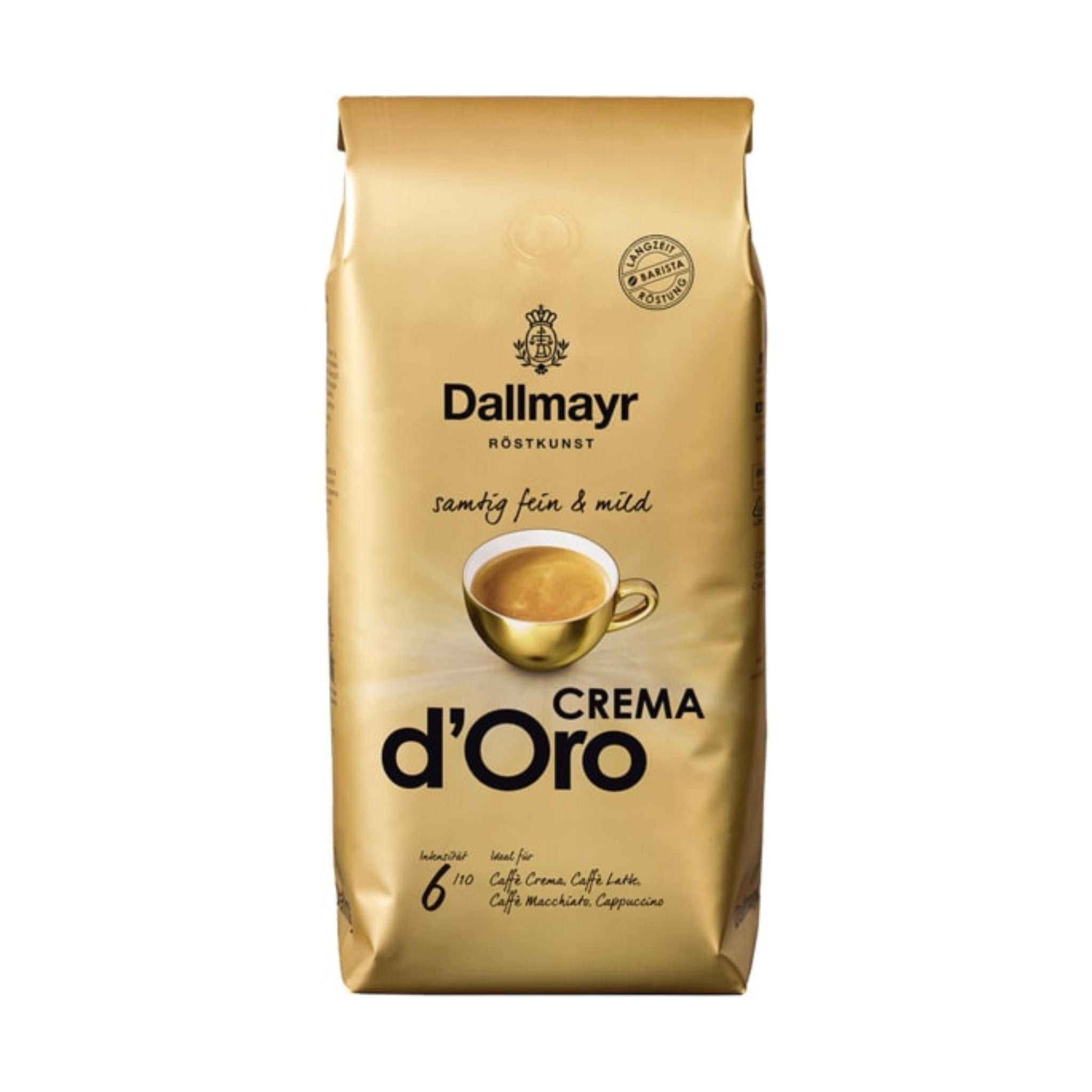 GardenState, Dallmayr Crema d’Oro 1KG whole beans, medium roast, intensity 6/10, 100% Arabica. Smooth, mild, and velvety. Roasted in Germany. Ideal for cappuccino, latte, and professional coffee service.