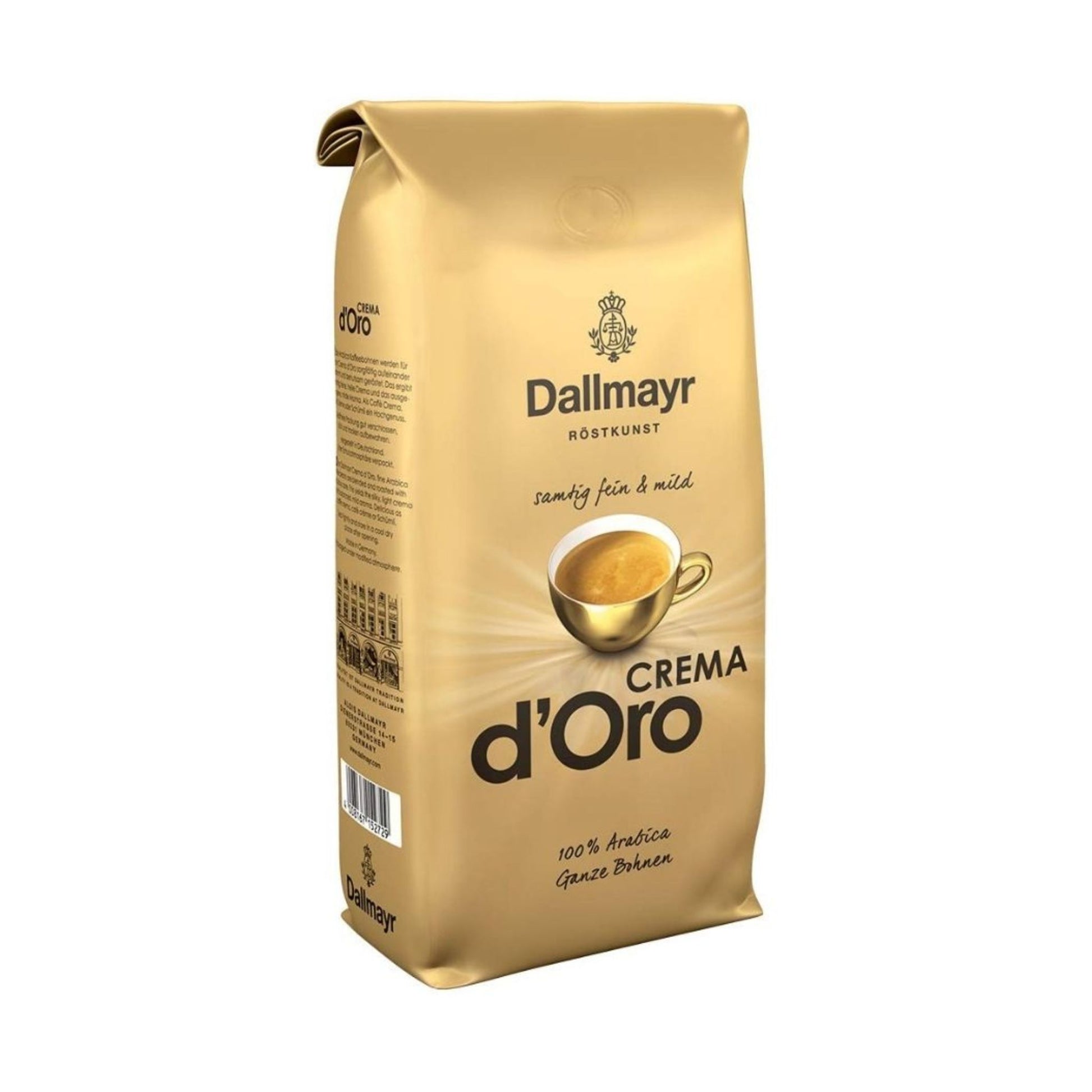 GardenState, Dallmayr Crema d’Oro 1KG whole beans, medium roast, intensity 6/10, 100% Arabica. Smooth, mild, and velvety. Roasted in Germany. Ideal for cappuccino, latte, and professional coffee service.