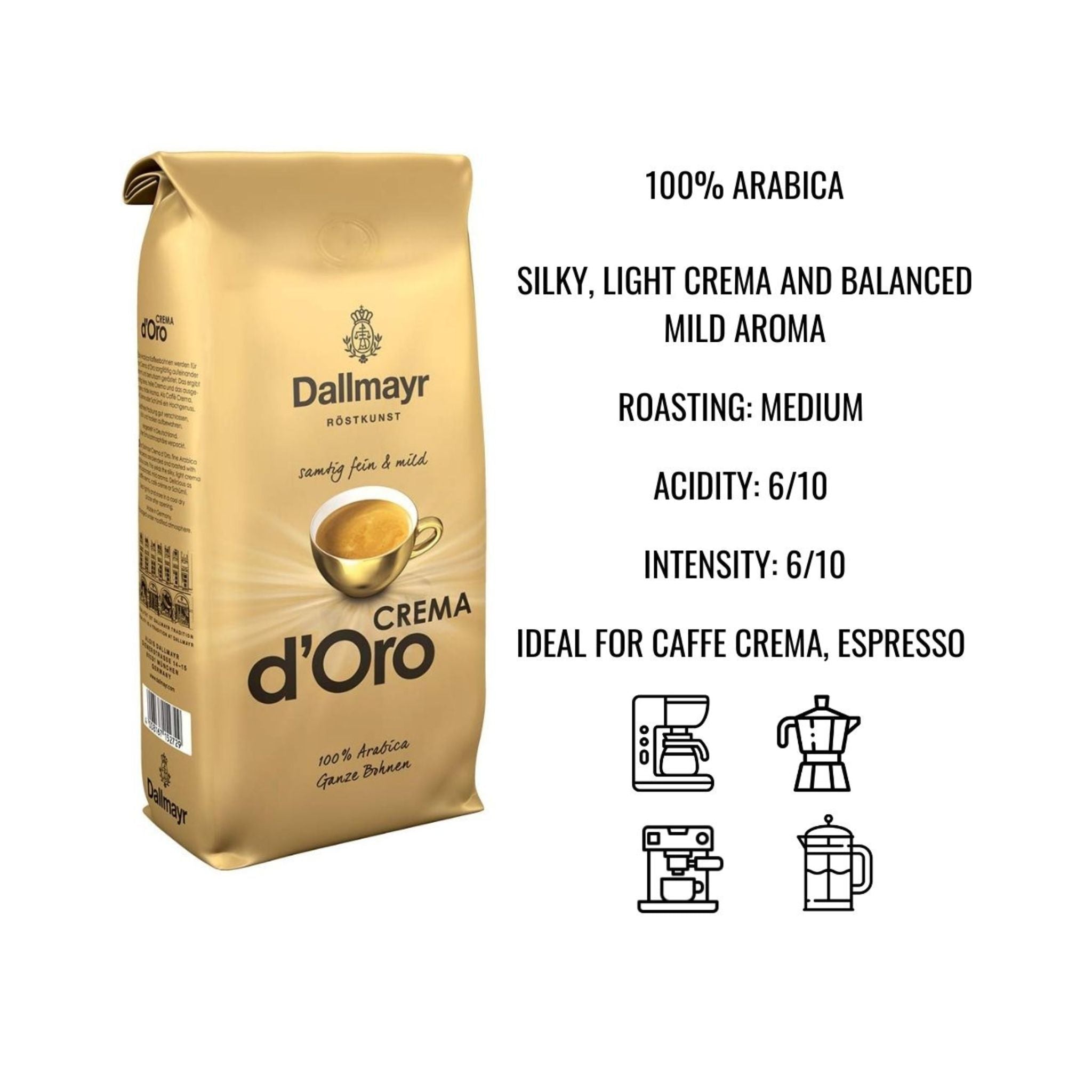 GardenState, Dallmayr Crema d’Oro 1KG whole beans, medium roast, intensity 6/10, 100% Arabica. Smooth, mild, and velvety. Roasted in Germany. Ideal for cappuccino, latte, and professional coffee service.