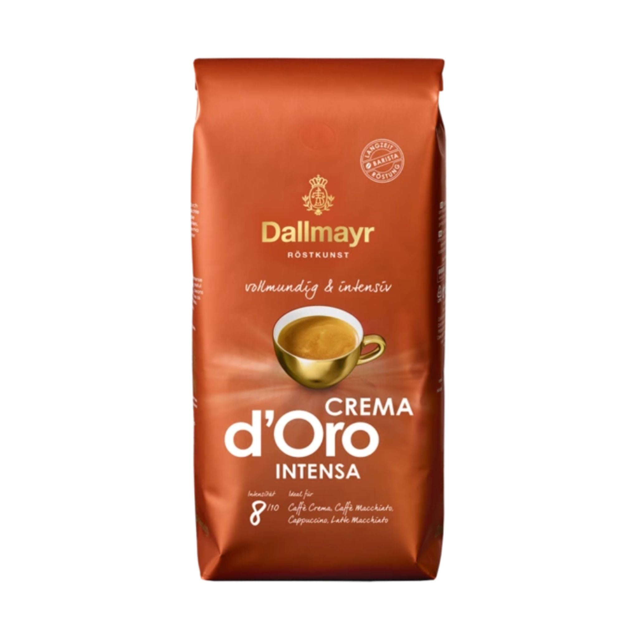 GardenState, Dallmayr Crema d’Oro INTENSA 1KG whole beans, medium-dark roast, intensity 8/10, rich and smooth with golden crema. Roasted in Germany. Ideal for company coffee service and baristas.