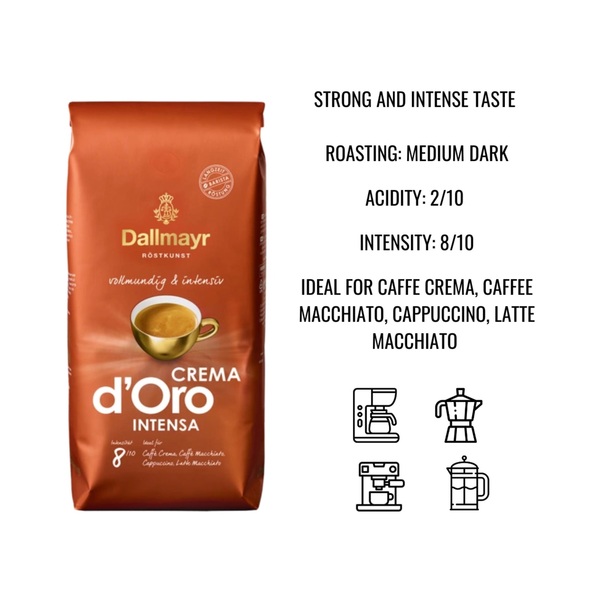 GardenState, Dallmayr Crema d’Oro INTENSA 1KG whole beans, medium-dark roast, intensity 8/10, rich and smooth with golden crema. Roasted in Germany. Ideal for company coffee service and baristas.