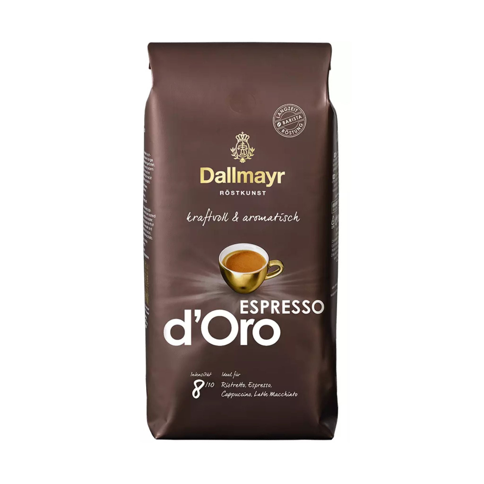 GardenState, Dallmayr Espresso d’Oro whole beans, medium roast, 8/10 intensity, 70% Arabica/30% Robusta blend with chocolate and malty flavor. Roasted in Germany. Ideal for espresso and professional use.