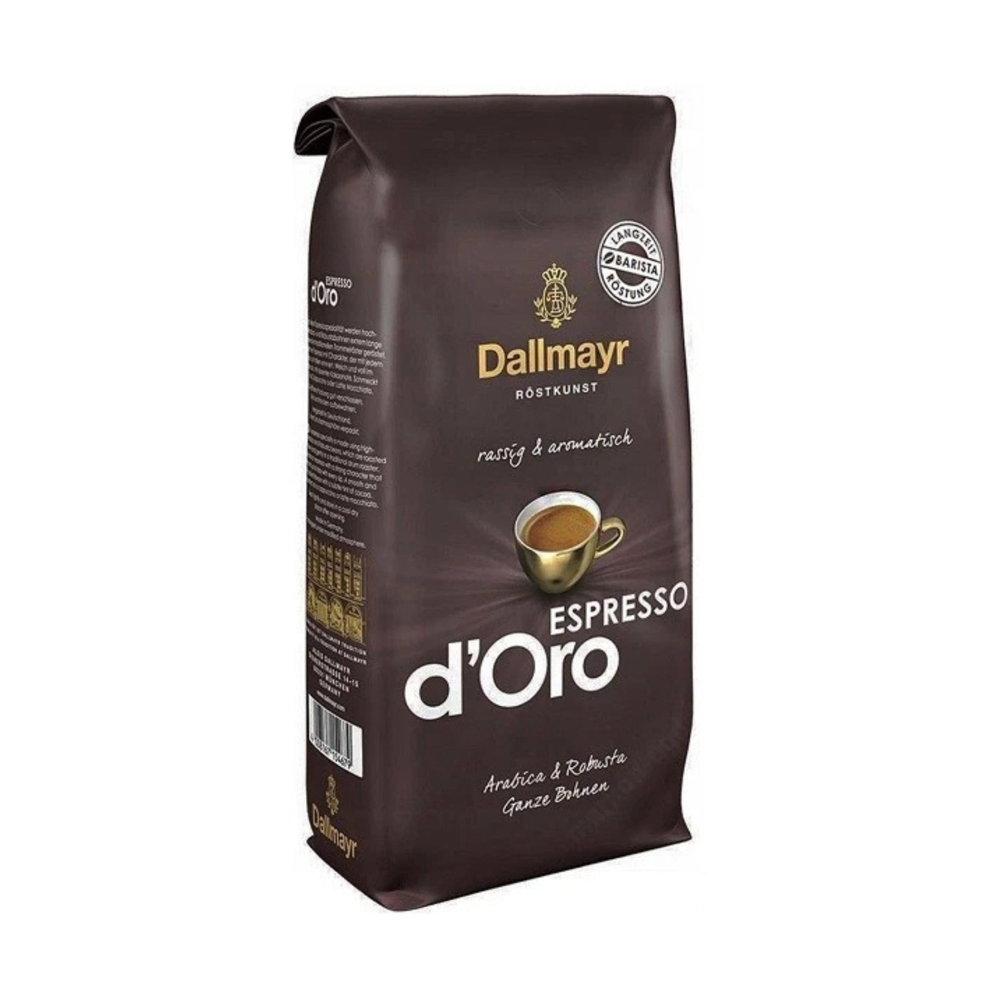 GardenState, Dallmayr Espresso d’Oro whole beans, medium roast, 8/10 intensity, 70% Arabica/30% Robusta blend with chocolate and malty flavor. Roasted in Germany. Ideal for espresso and professional use.