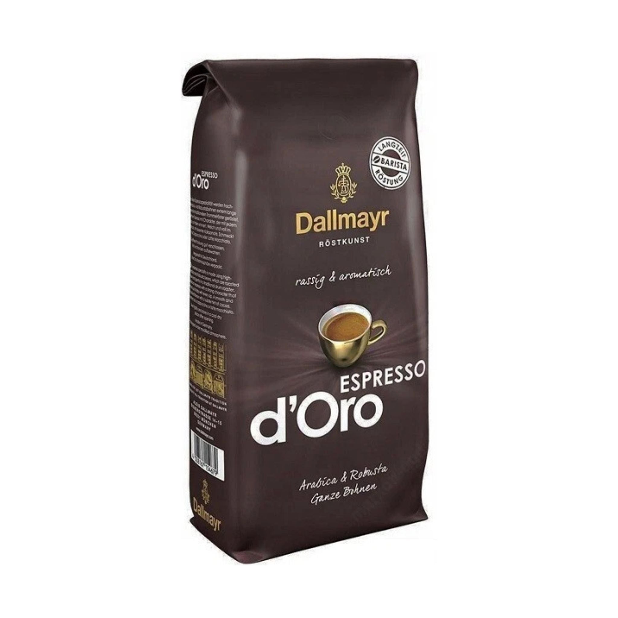 GardenState, Dallmayr Espresso d’Oro whole beans, medium roast, 8/10 intensity, 70% Arabica/30% Robusta blend with chocolate and malty flavor. Roasted in Germany. Ideal for espresso and professional use.