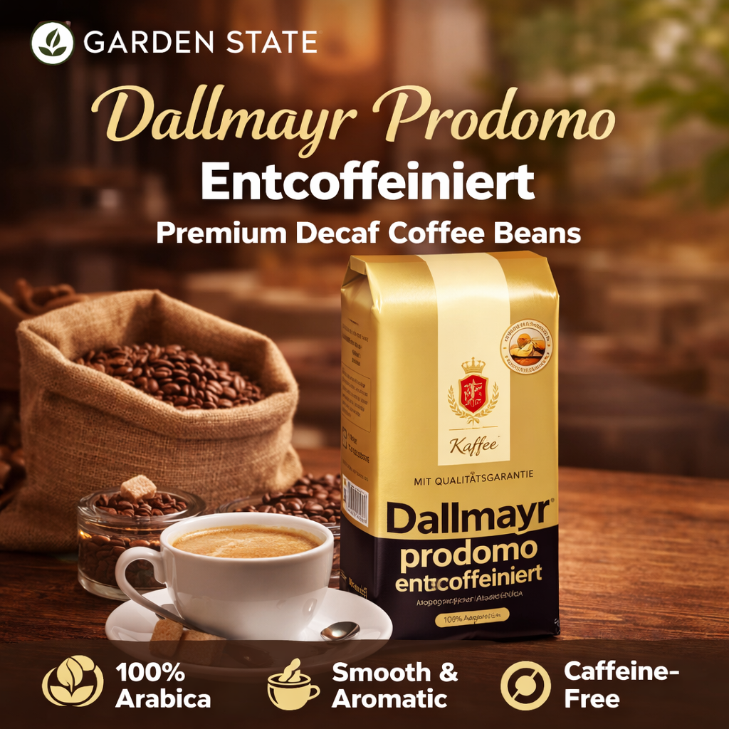 GardenState, Dallmayr Prodomo Decaffeinated Coffee Beans 500g, 100% Arabica, medium roast, intensity 6/10. Smooth and full-flavored. Roasted in Germany
