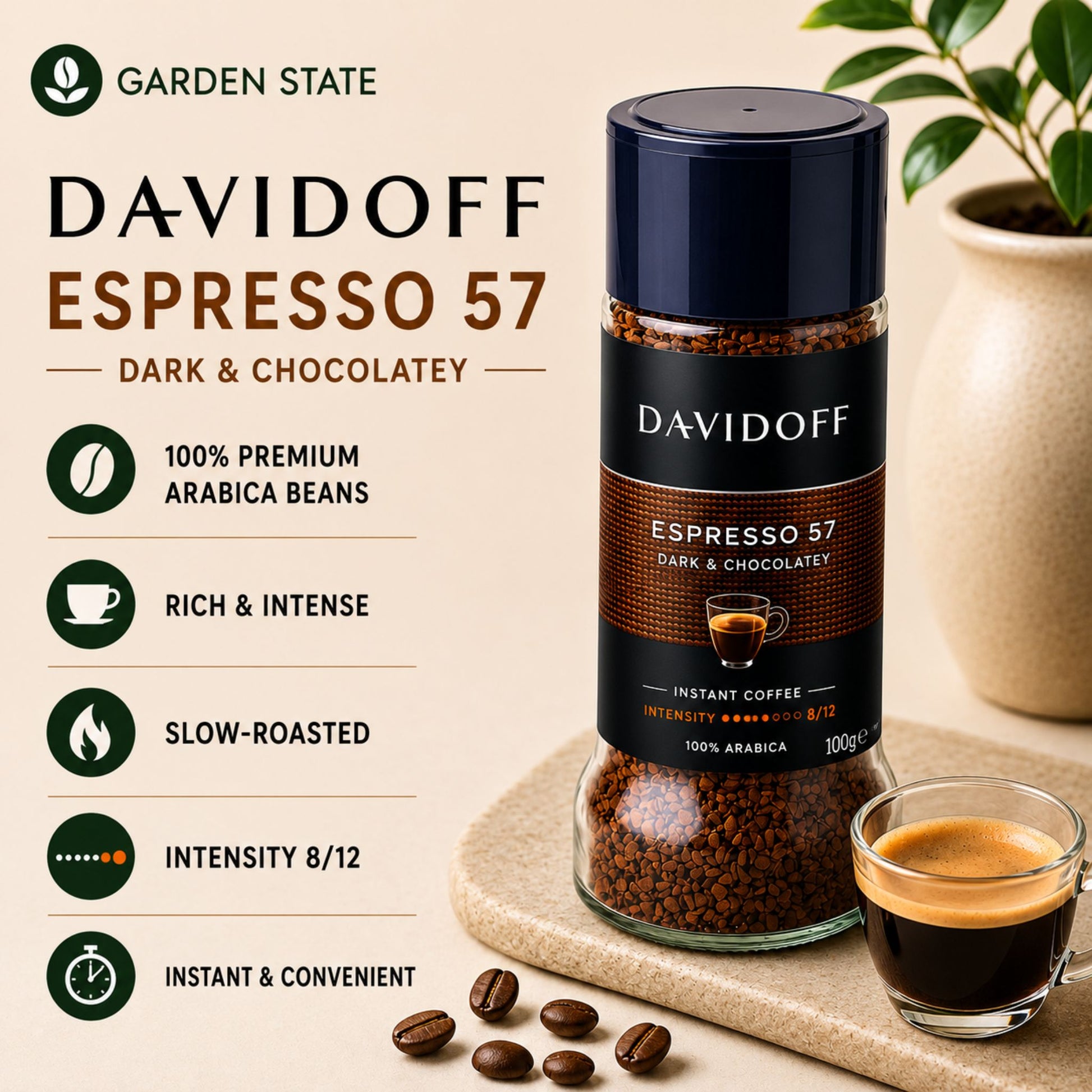 GardenState, Davidoff Espresso 57 Instant Coffee 100g – Dark roast, 100% Arabica, smooth and rich flavour with elegant aroma in airtight glass jar.