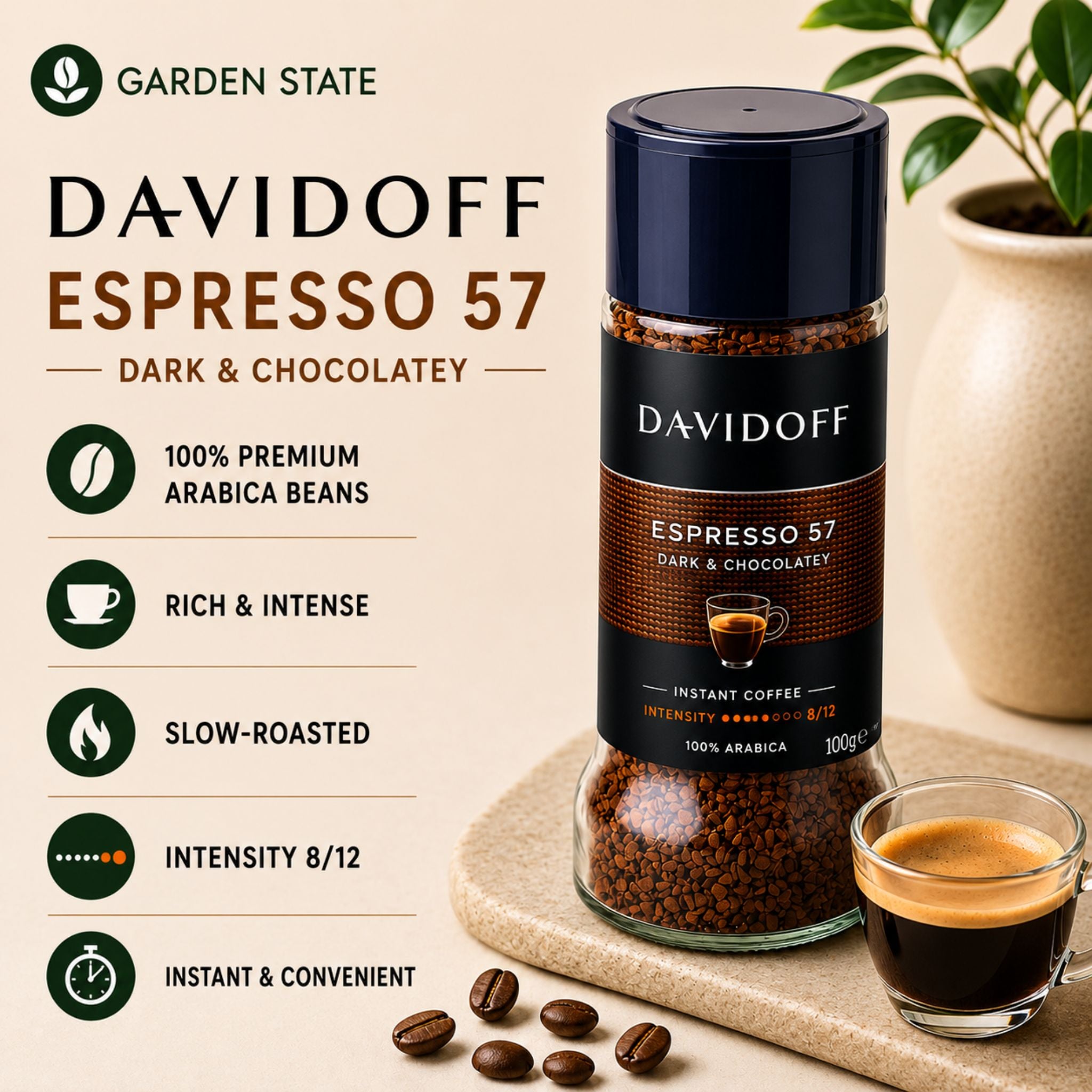 GardenState, Davidoff Espresso 57 Instant Coffee 100g – Dark roast, 100% Arabica, smooth and rich flavour with elegant aroma in airtight glass jar.