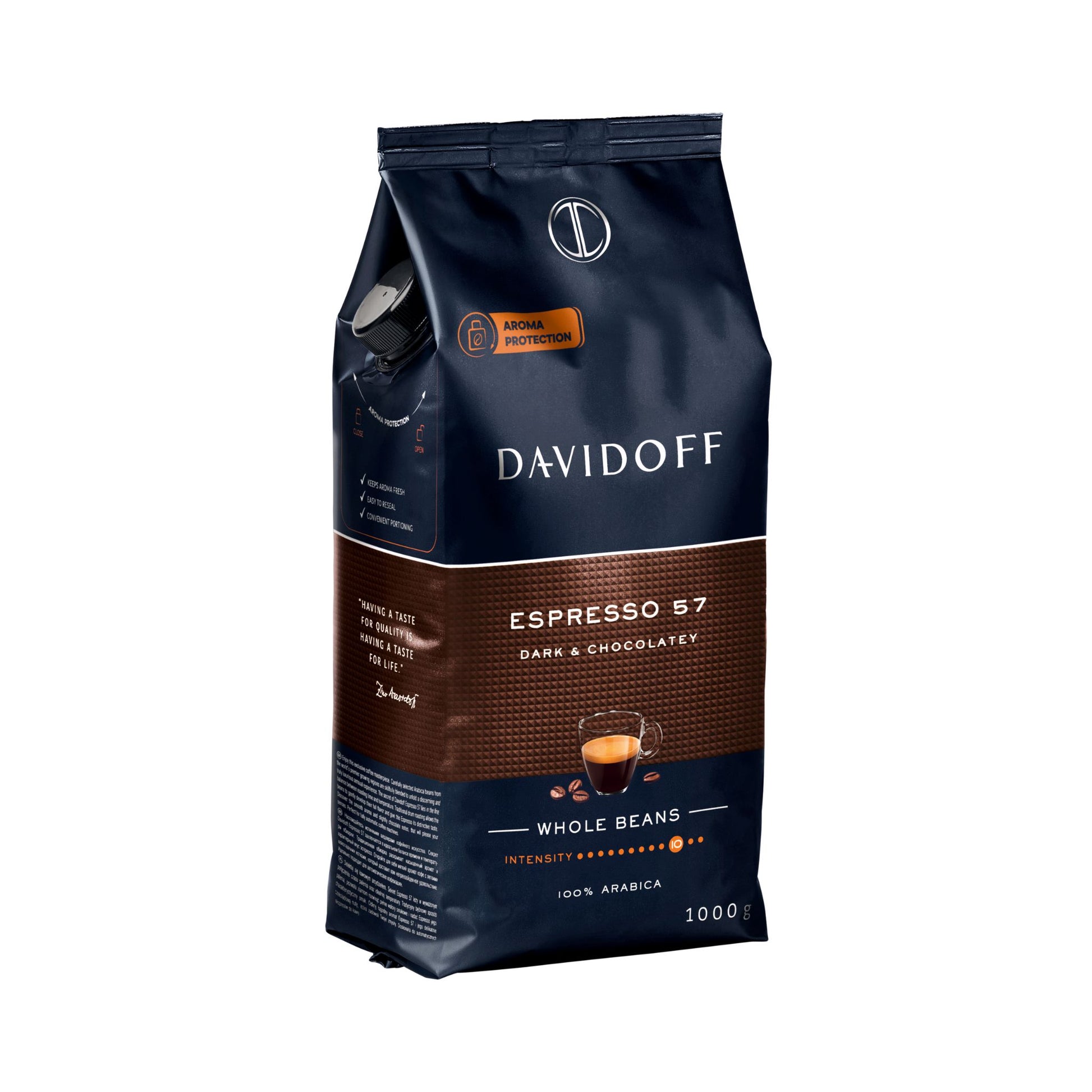 GardenState, Davidoff Espresso 57 coffee beans, 500g pack. A dark roast made from 100% Arabica beans, offering a rich aroma, chocolatey notes, and intense flavor. Ideal for espresso lovers seeking depth and balance.