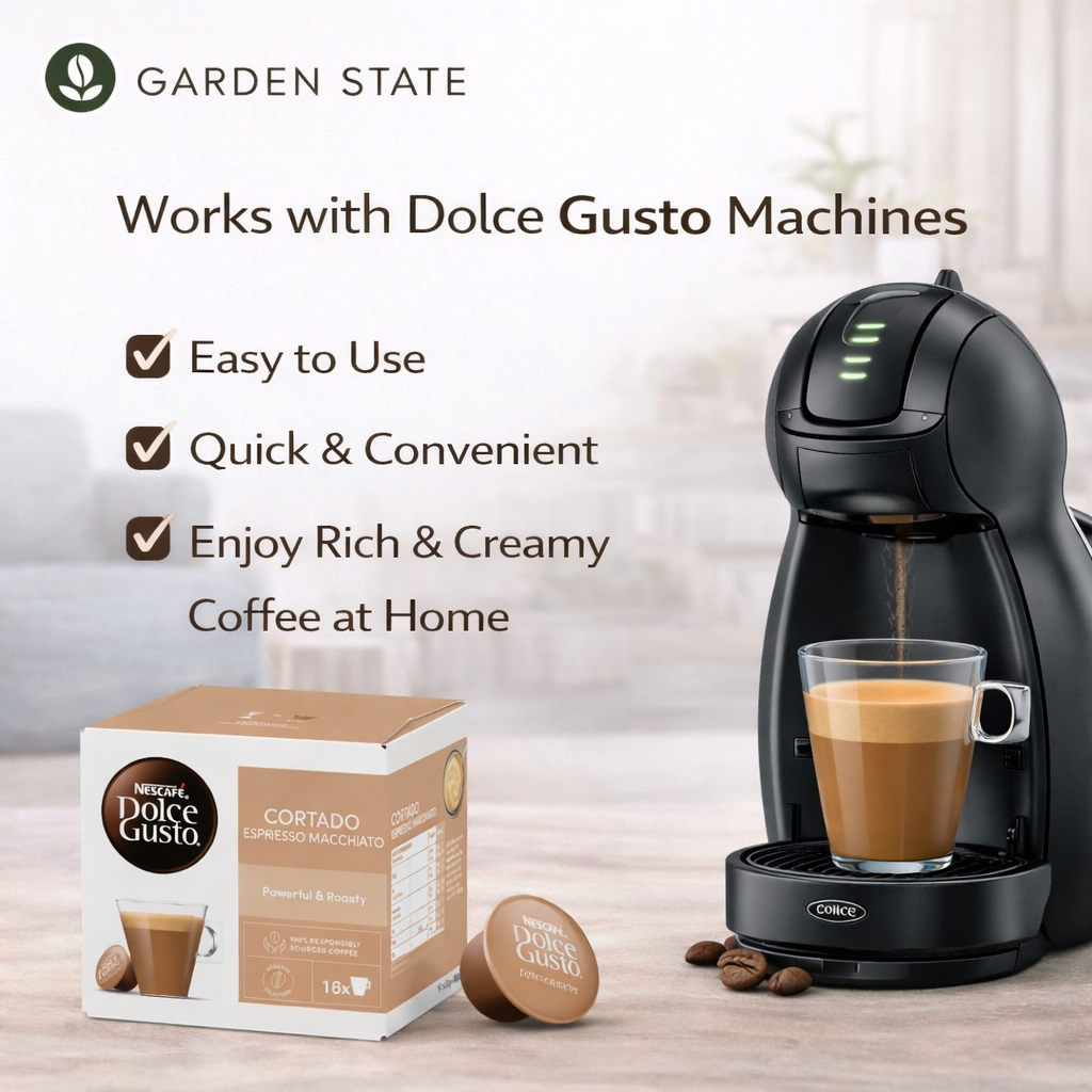 gardenstate, wholesale coffee, NESCAFÉ Dolce Gusto Cortado Espresso Macchiato, 16 capsules short espresso with a touch of milk; smooth, roasty cup with rich crema (intensity 10/13); compatible with Dolce Gusto machines
