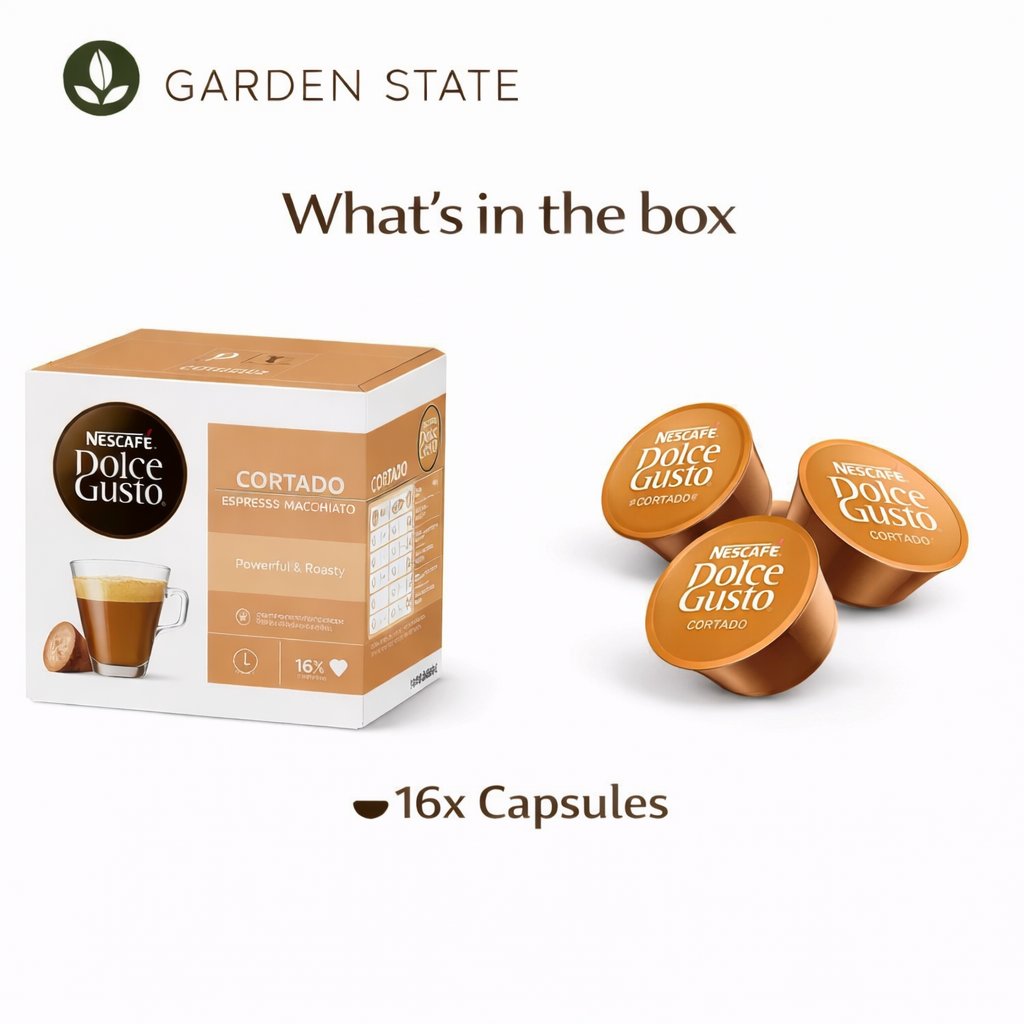 gardenstate, wholesale coffee, NESCAFÉ Dolce Gusto Cortado Espresso Macchiato, 16 capsules short espresso with a touch of milk; smooth, roasty cup with rich crema (intensity 10/13); compatible with Dolce Gusto machines
