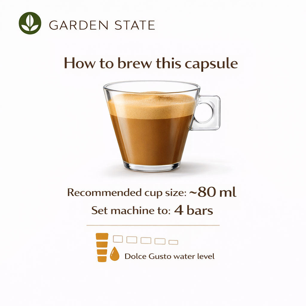 gardenstate, wholesale coffee, NESCAFÉ Dolce Gusto Cortado Espresso Macchiato, 16 capsules short espresso with a touch of milk; smooth, roasty cup with rich crema (intensity 10/13); compatible with Dolce Gusto machines