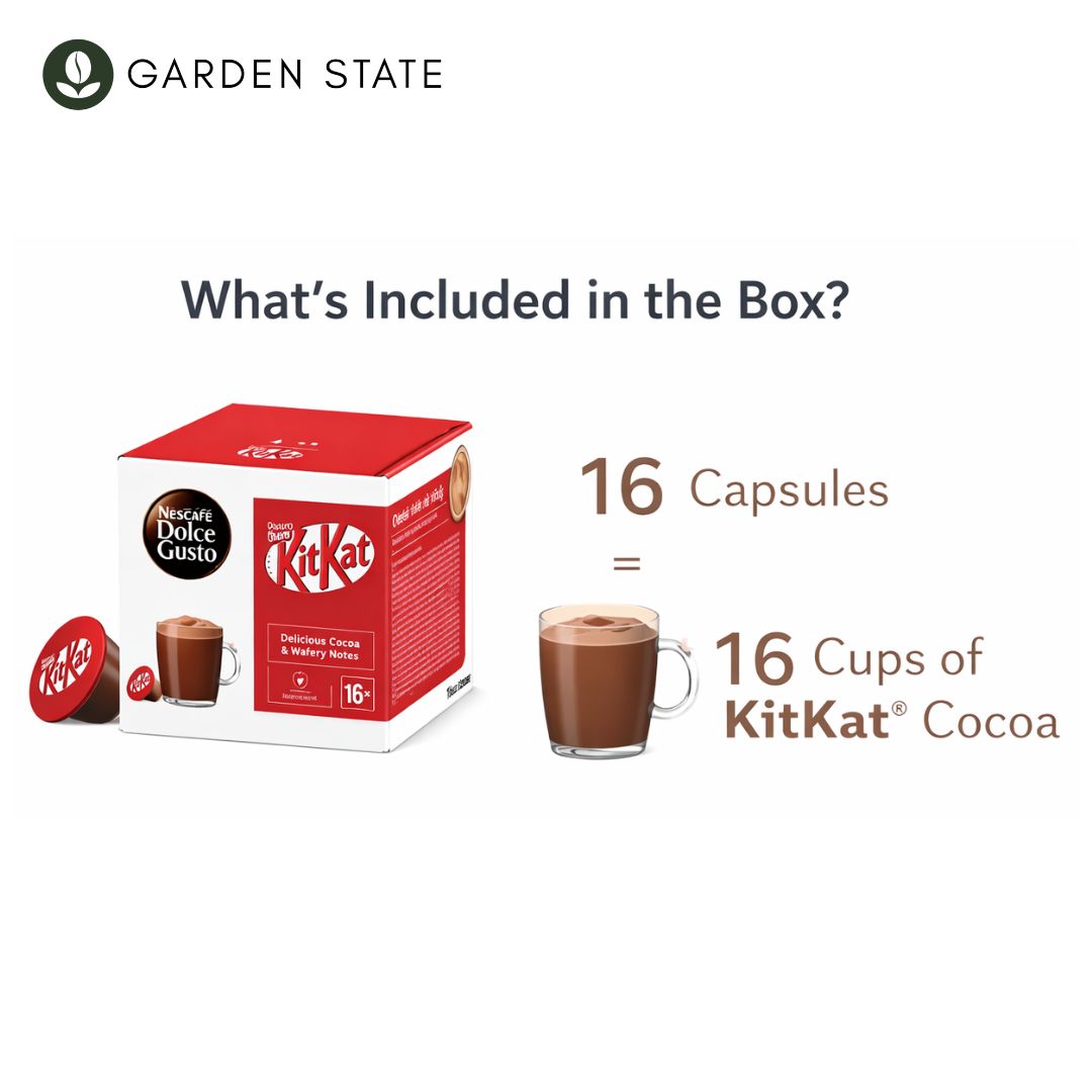 GardenState, b2b coffee supplier, Nescafé Dolce Gusto KitKat hot chocolate capsules pack with 16 single-serve pods, featuring the iconic KitKat cocoa and wafer flavour, compatible with Nescafé Dolce Gusto coffee machines.