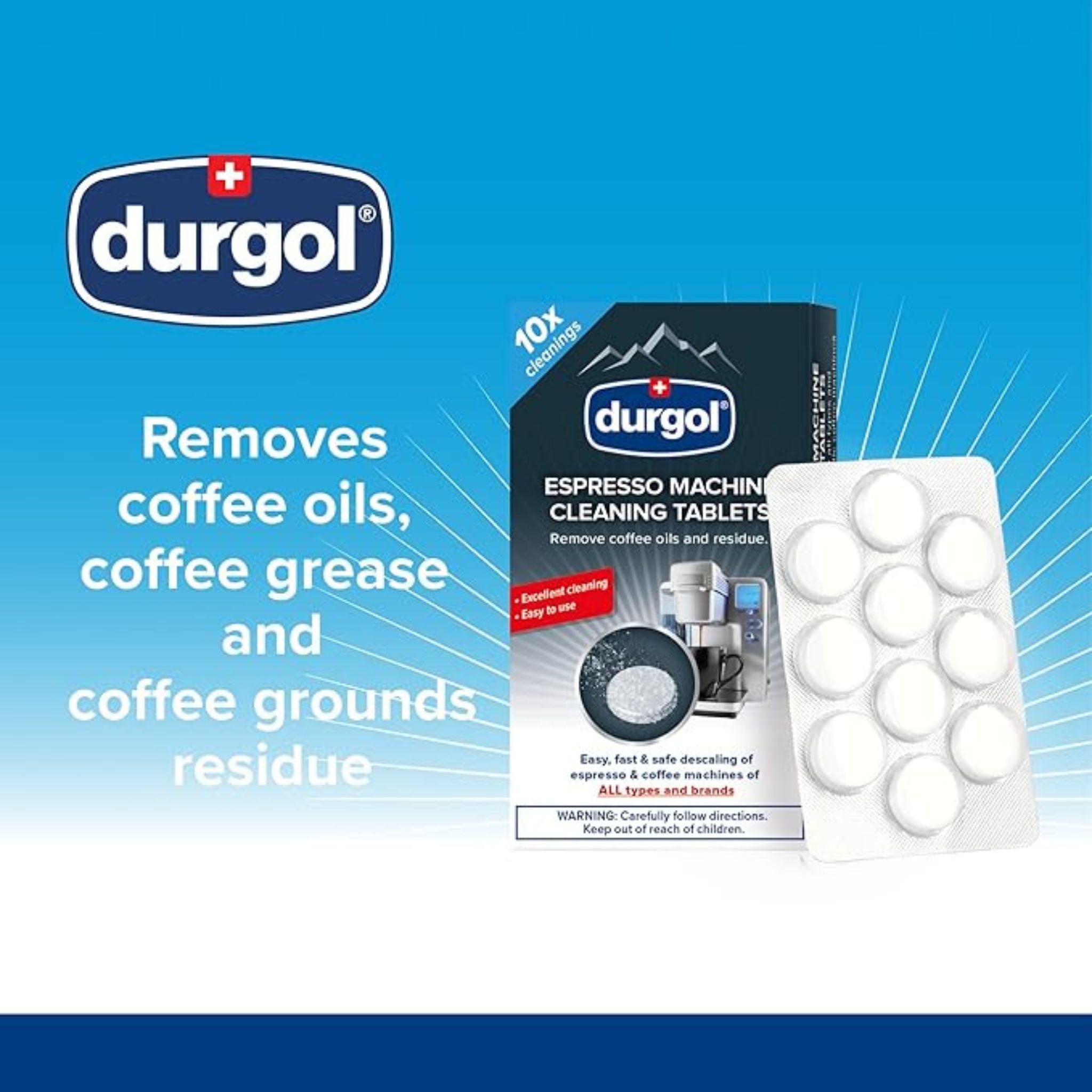 GardenState, Durgol Swiss Cleaning Tablets x10 – biodegradable tablets for all coffee machine types. Removes coffee residue, extends machine life, and ensures hygienic brewing. Easy and efficient care.