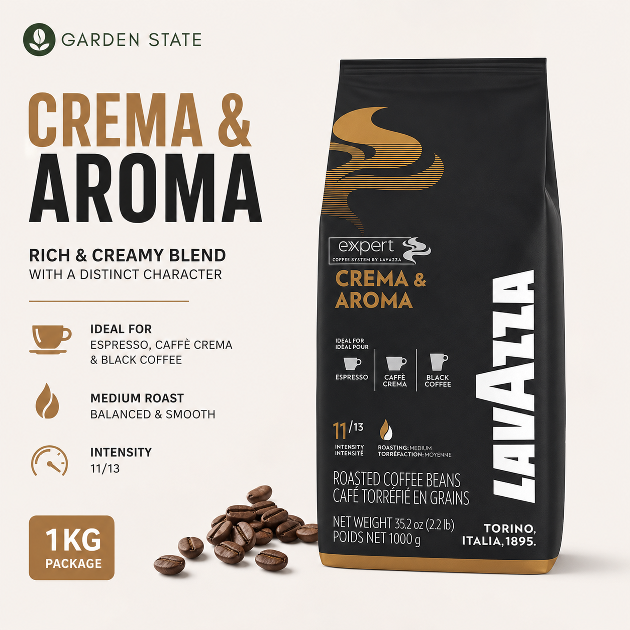 GardenState, Lavazza Expert Crema & Aroma Whole Coffee Beans (1kg) – A premium blend of 40% Arabica and 60% Robusta, medium roast (11/13 intensity).