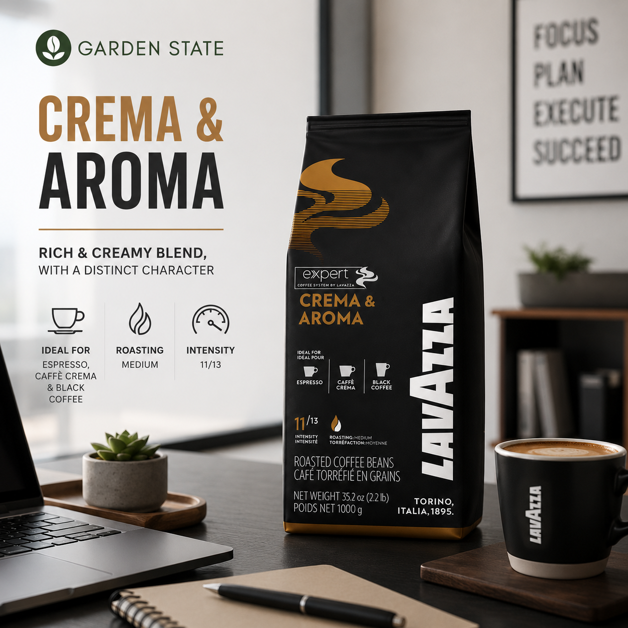 GardenState, Lavazza Expert Crema & Aroma Whole Coffee Beans (1kg) – A premium blend of 40% Arabica and 60% Robusta, medium roast (11/13 intensity).
