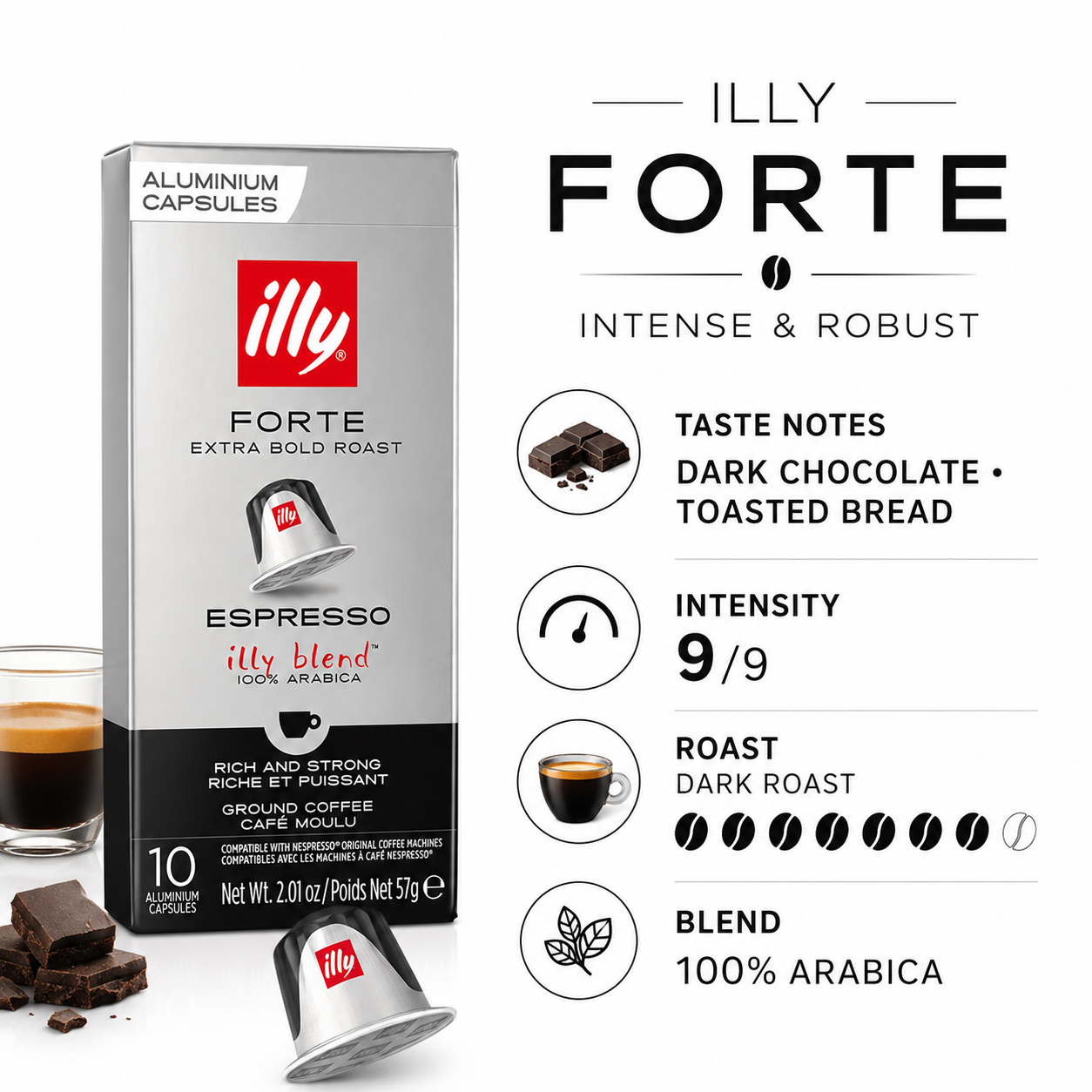 GardenState, Illy Forte Nespresso-compatible coffee capsules pack of 10 –robust extra dark roast with cocoa. Perfect for strong espresso lovers in professional settings.