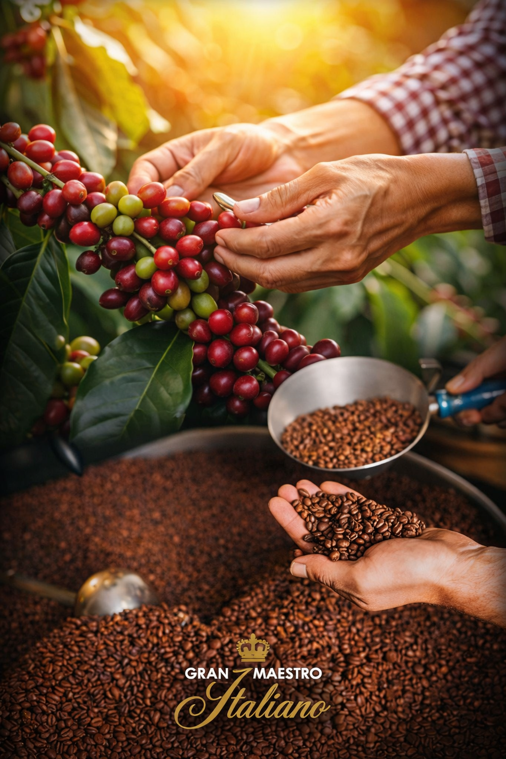 Gran Maestro Italiano coffee journey from handpicked coffee cherries to freshly roasted beans, showcasing Italian roasting tradition and premium coffee craftsmanship distributed by Garden State in Singapore.