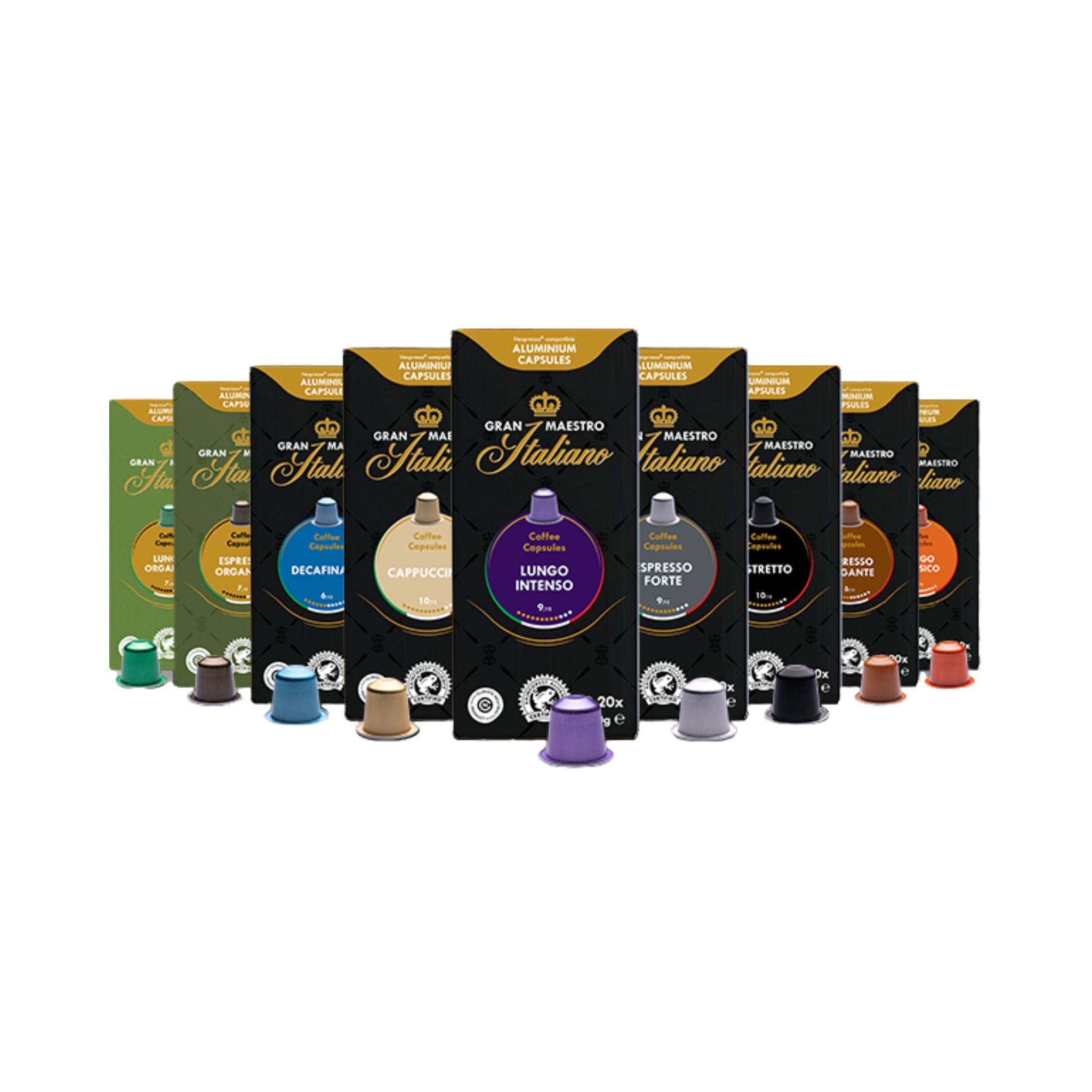 gardenstate Gran Maestro Italiano — 20 Nespresso-compatible aluminium capsules; variants include Elegante, Forte, Lungo, Ristretto, Organica, Decaf; medium to intense profiles for espresso or milk drinks.