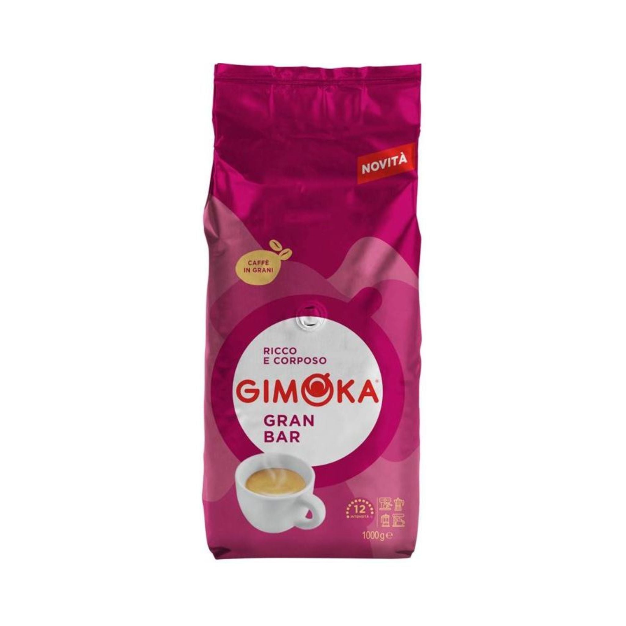 Gimoka Gran Bar whole coffee beans 1kg medium roast Italian espresso blend with Indonesian Arabica and Brazilian Robusta. Strong 12/13 intensity coffee beans for espresso machines and office coffee supply in Singapore.