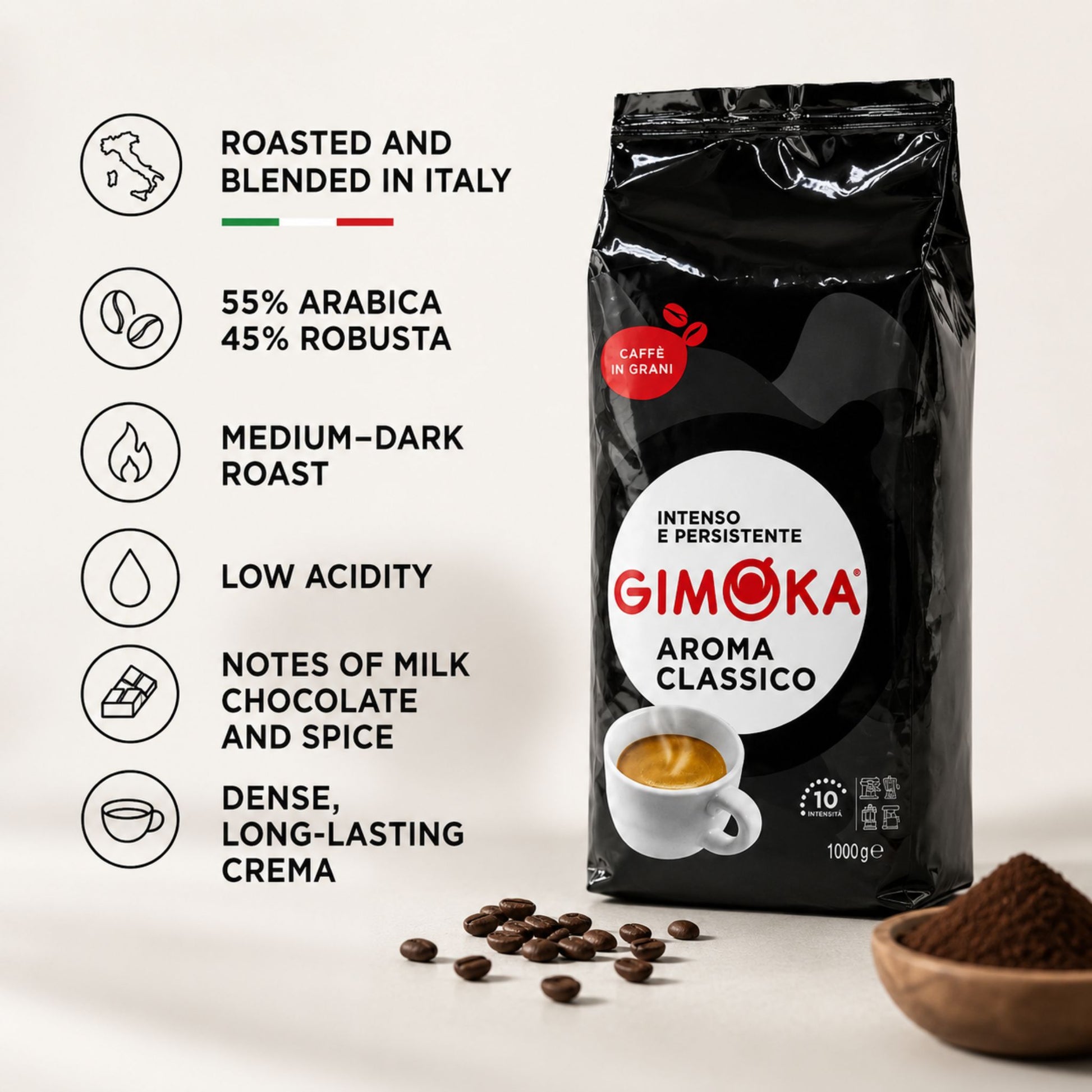 gardenstate Gimoka Aroma Classico whole coffee beans 1kg medium dark roast Italian coffee blend for offices cafes restaurants hotels and workplace coffee service with low acidity and milk chocolate spice notes