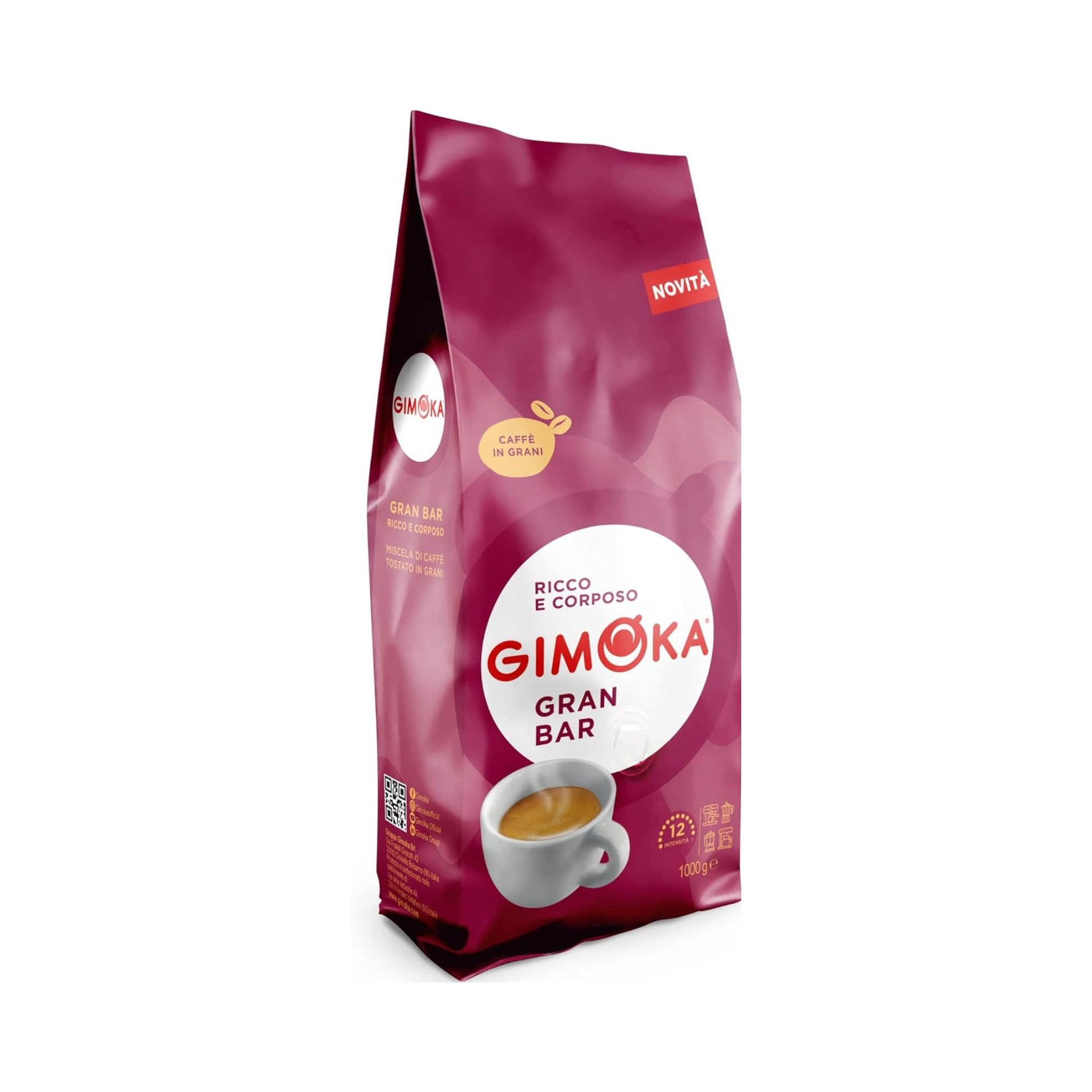 Gimoka Gran Bar whole coffee beans 1kg medium roast Italian espresso blend with Indonesian Arabica and Brazilian Robusta. Strong 12/13 intensity coffee beans for espresso machines and office coffee supply in Singapore.