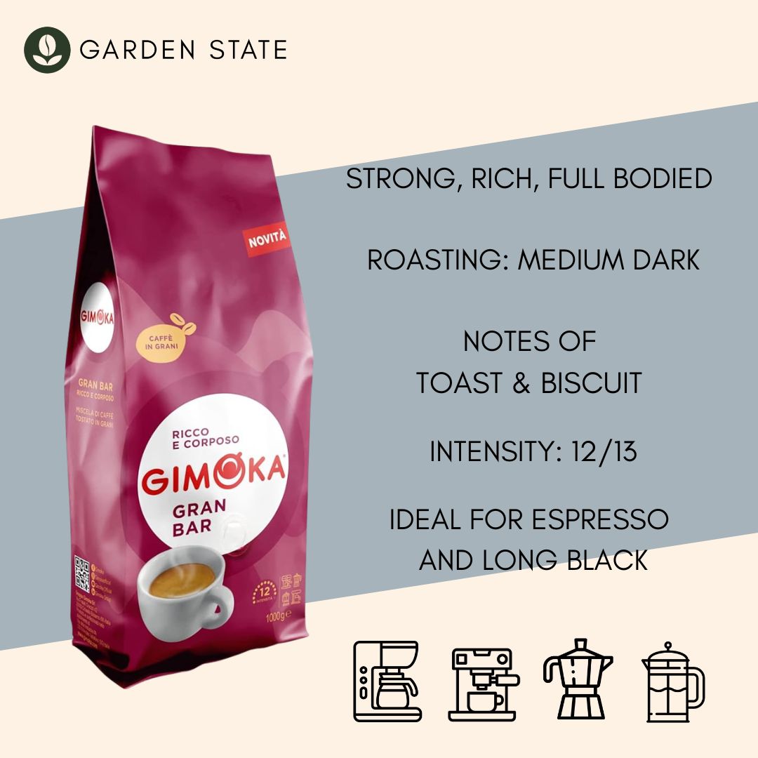 Gimoka Gran Bar whole coffee beans 1kg medium roast Italian espresso blend with Indonesian Arabica and Brazilian Robusta. Strong 12/13 intensity coffee beans for espresso machines and office coffee supply in Singapore.
