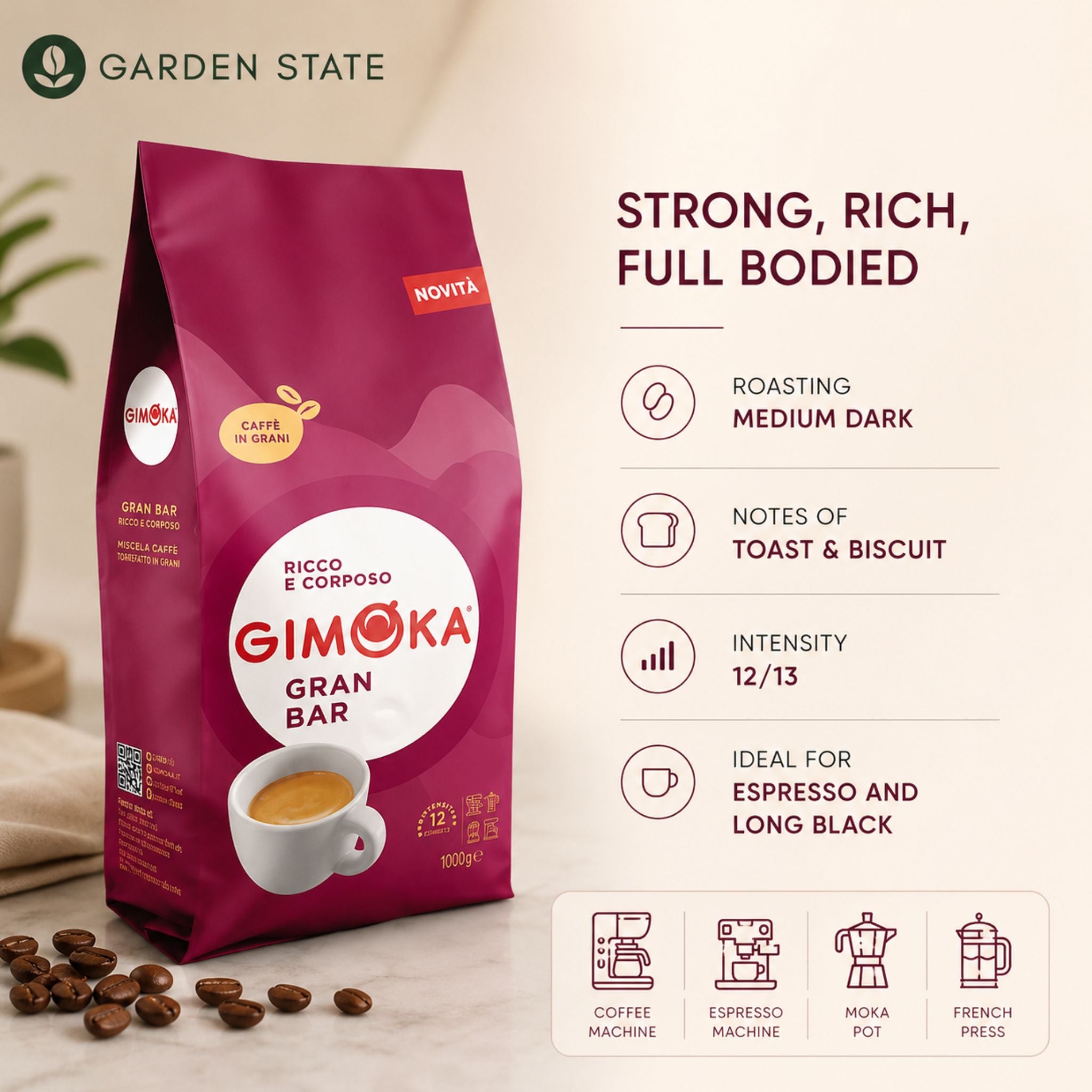Gimoka Gran Bar whole coffee beans 1kg medium roast Italian espresso blend with Indonesian Arabica and Brazilian Robusta. Strong 12/13 intensity coffee beans for espresso machines and office coffee supply in Singapore.