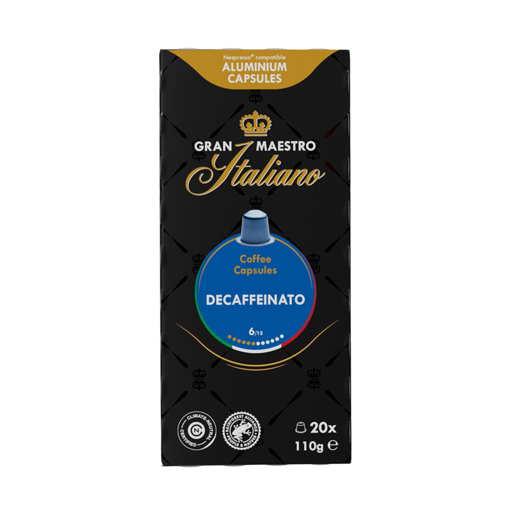 GardenState, Gran Maestro Italiano Decaffeinato - 20 Nespresso® compatible capsules offering decaffeinated coffee with floral and spicy notes, medium body, and a smooth, balanced taste. Ideal for businesses for quality decaf coffee options.