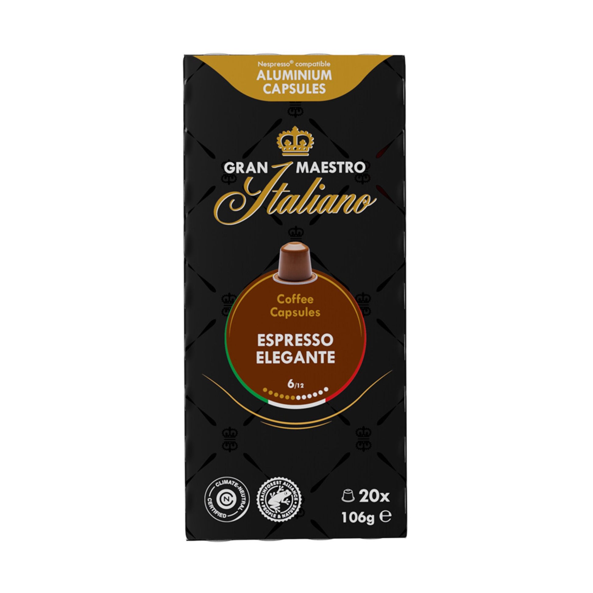 GardenState, Gran Maestro Italiano Espresso Elegante – 20 Nespresso® compatible aluminium capsules. 100% Arabica, medium roast, intensity 6/12. Rich, balanced flavors of caramel, dark grains, and chocolate. Perfect for cafés and offices.