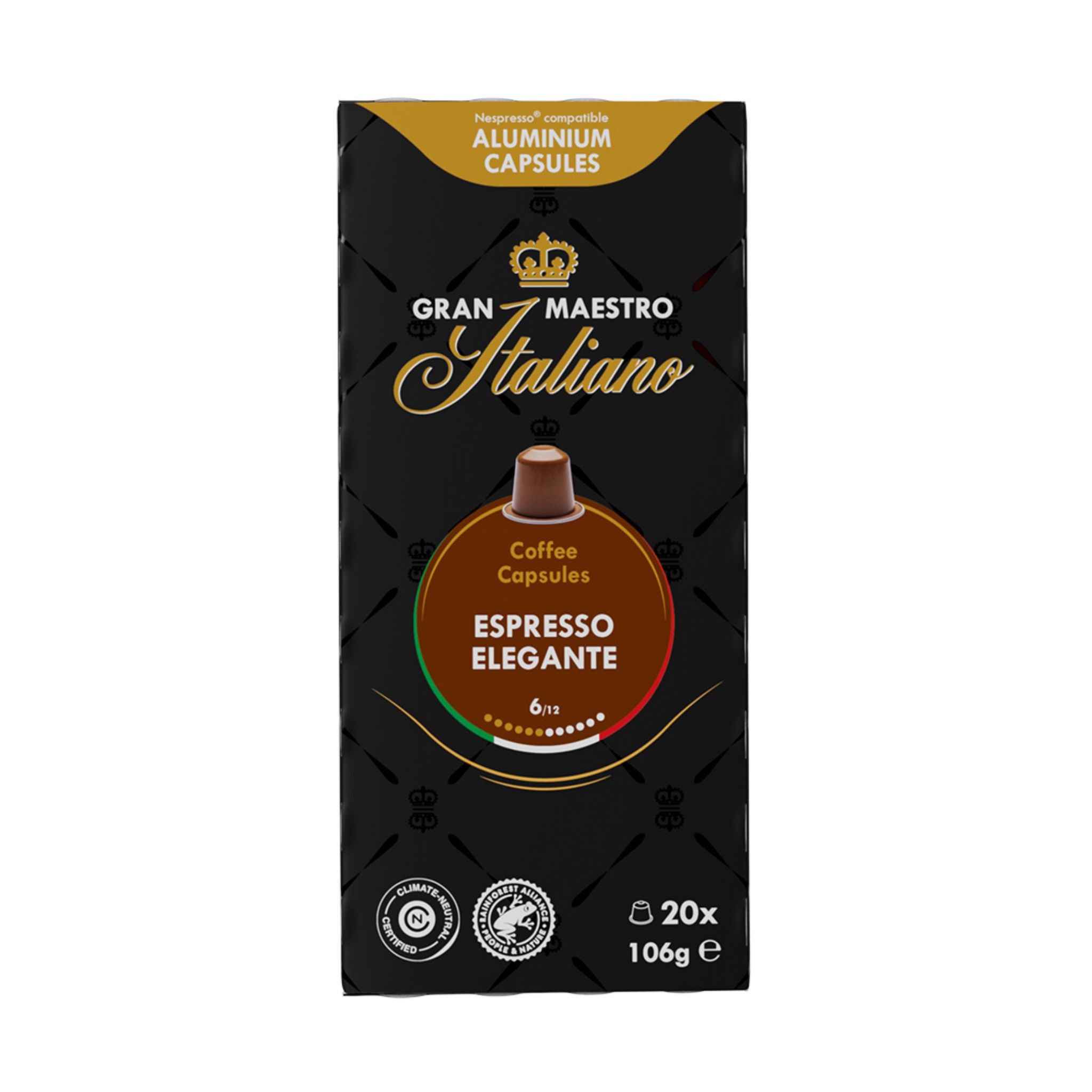 GardenState, Gran Maestro Italiano Espresso Elegante – 20 Nespresso® compatible aluminium capsules. 100% Arabica, medium roast, intensity 6/12. Rich, balanced flavors of caramel, dark grains, and chocolate. Perfect for cafés and offices.
