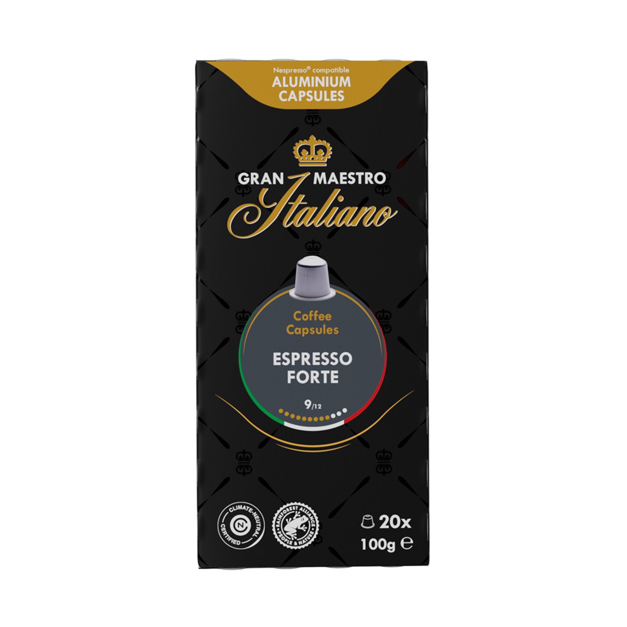 GardenState, Gran Maestro Italiano Espresso Forte – 20 Nespresso compatible aluminium capsules. Bold espresso with earthy tropical wood, dark chocolate, and caramel notes. Intensity 9/12, perfect for businesses seeking a powerful and aromatic coffee.