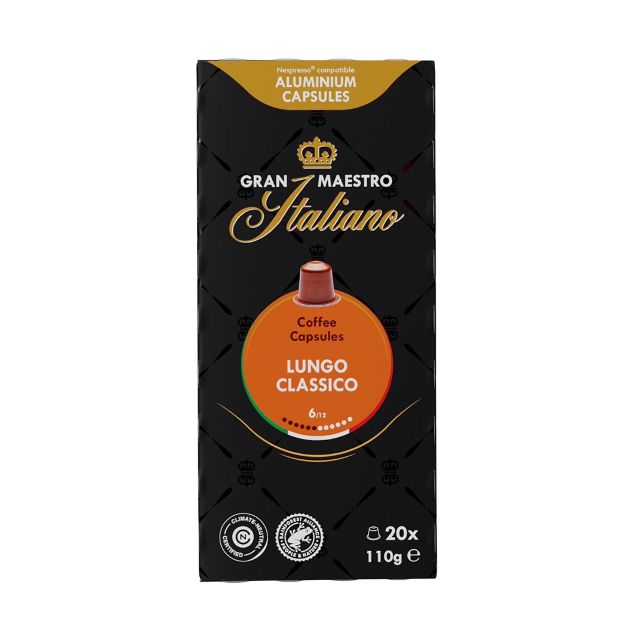 GardenState, Gran Maestro Italiano Lungo Classico coffee capsules offer a smooth, balanced flavor with nutty and creamy undertones. Perfect for espresso or coffee with milk, a medium roast and 6/12 intensity. 20 Nespresso compatible aluminium capsules.