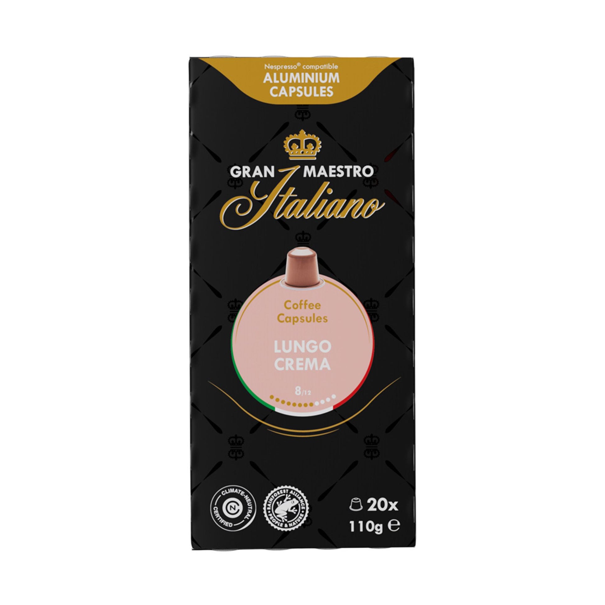 GardenState, Gran Maestro Italiano Lungo Crema – 20 aluminium Nespresso® compatible capsules. 100% Arabica coffee with rich chocolate, hazelnut, and vanilla notes. Intensity 8/12. Smooth, creamy, and aromatic.