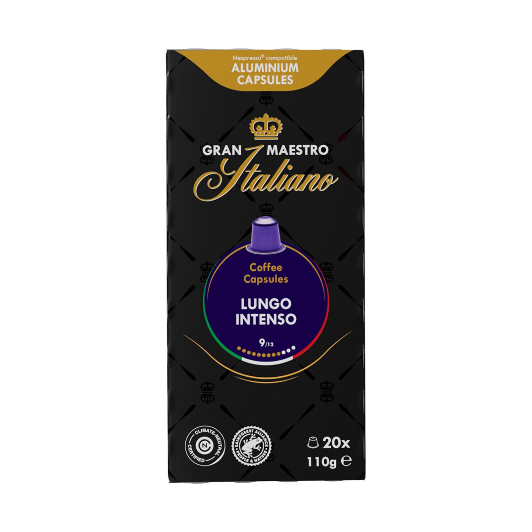 GardenState, Gran Maestro Italiano Lungo Intenso - 20 Nespresso® Compatible Aluminium Capsules, 100% Arabica, Intensity 9/12, bold and aromatic with notes of nuts, grain biscuits, and toffee. Perfect for cafés, restaurants, and offices.
