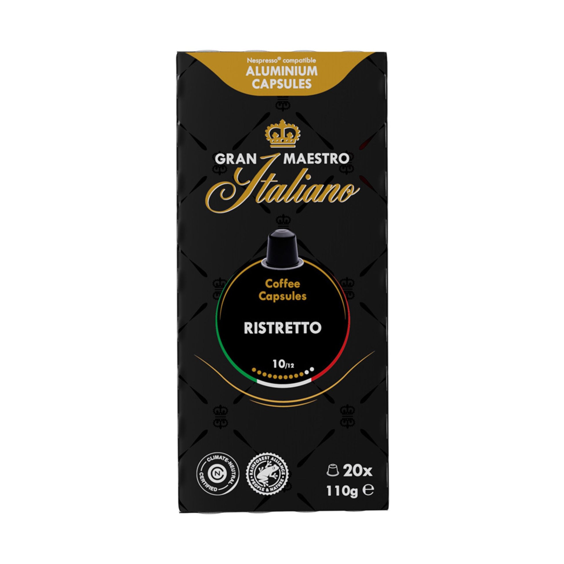 GardenState, Gran Maestro Italiano Ristretto – Nespresso® compatible capsules with a 10/12 intensity. Dark roast coffee with hazelnut notes, fine bitters, and a touch of sweetness. Ideal for strong, full-bodied espresso lover.