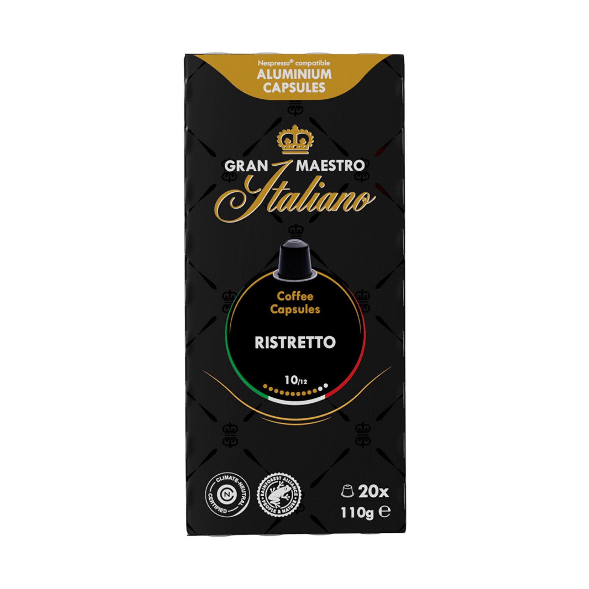 GardenState, Gran Maestro Italiano Ristretto – Nespresso® compatible capsules with a 10/12 intensity. Dark roast coffee with hazelnut notes, fine bitters, and a touch of sweetness. Ideal for strong, full-bodied espresso lover.