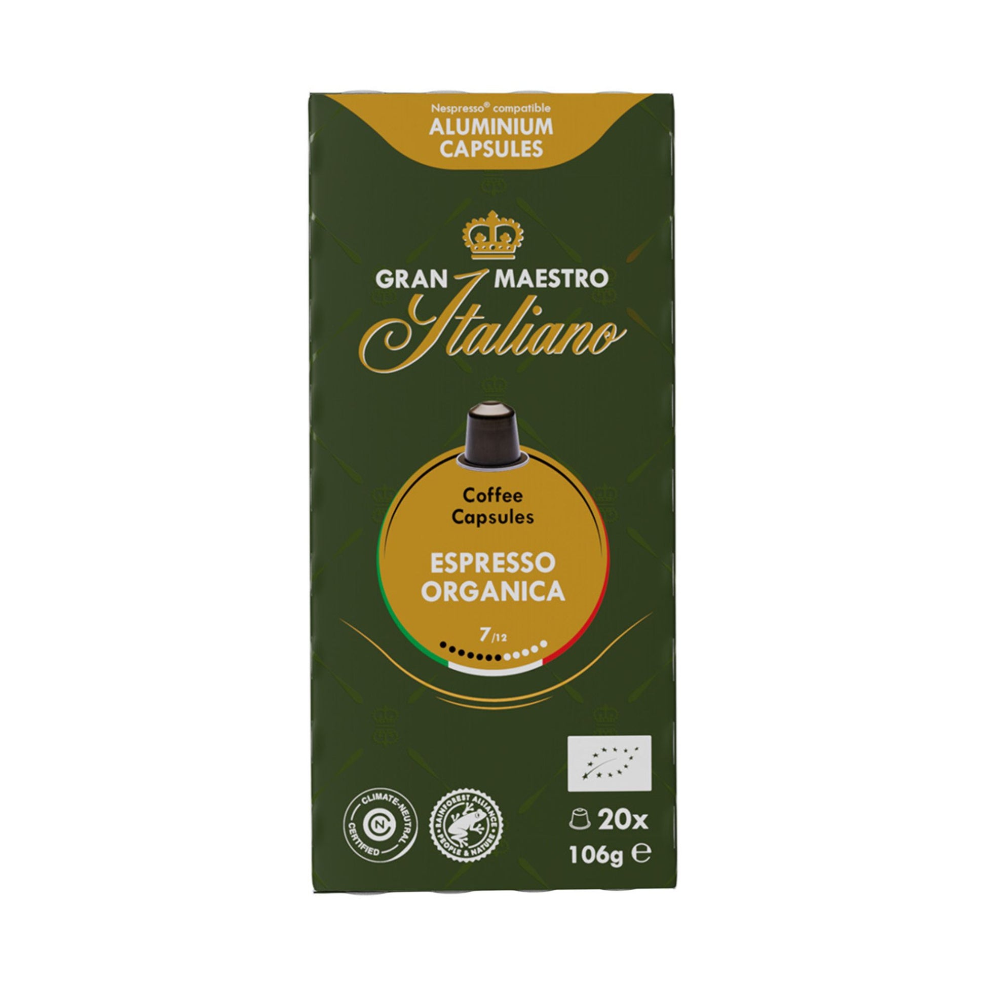 GardenState, Gran Maestro Italiano Espresso Organica – 20 Nespresso compatible capsules with 100% organic Arabica coffee, offering a smooth, aromatic espresso with citrus, spice, and dark chocolate notes.
