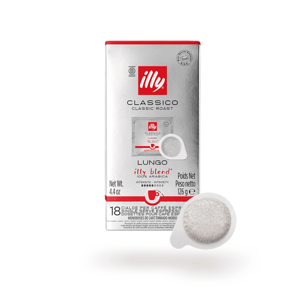 illy Classico Lungo E.S.E. coffee pods 18pcs – medium roast Italian espresso coffee pads, intensity 5/9
