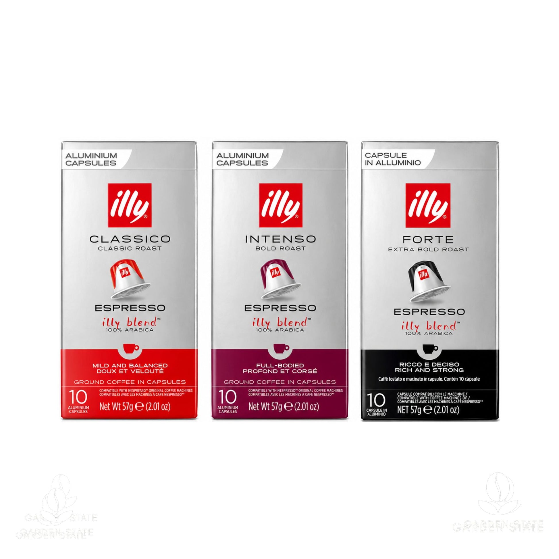 gardenstate illy Nespresso compatible aluminium capsules assortment with Classico, Intenso and Forte roasts, premium Italian coffee supply for offices, hotels, serviced apartments and corporate hospitality in Singapore