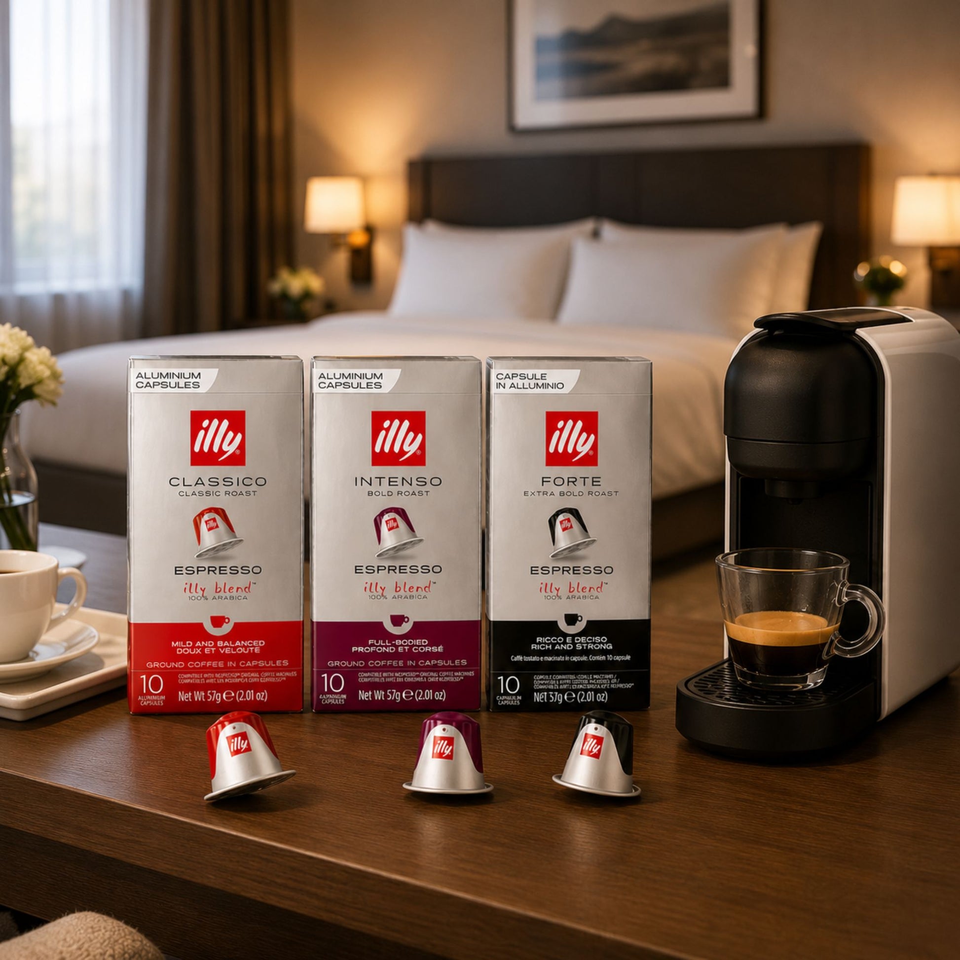 gardenstate illy Nespresso compatible aluminium capsules assortment with Classico, Intenso and Forte roasts, premium Italian coffee supply for offices, hotels, serviced apartments and corporate hospitality in Singapore